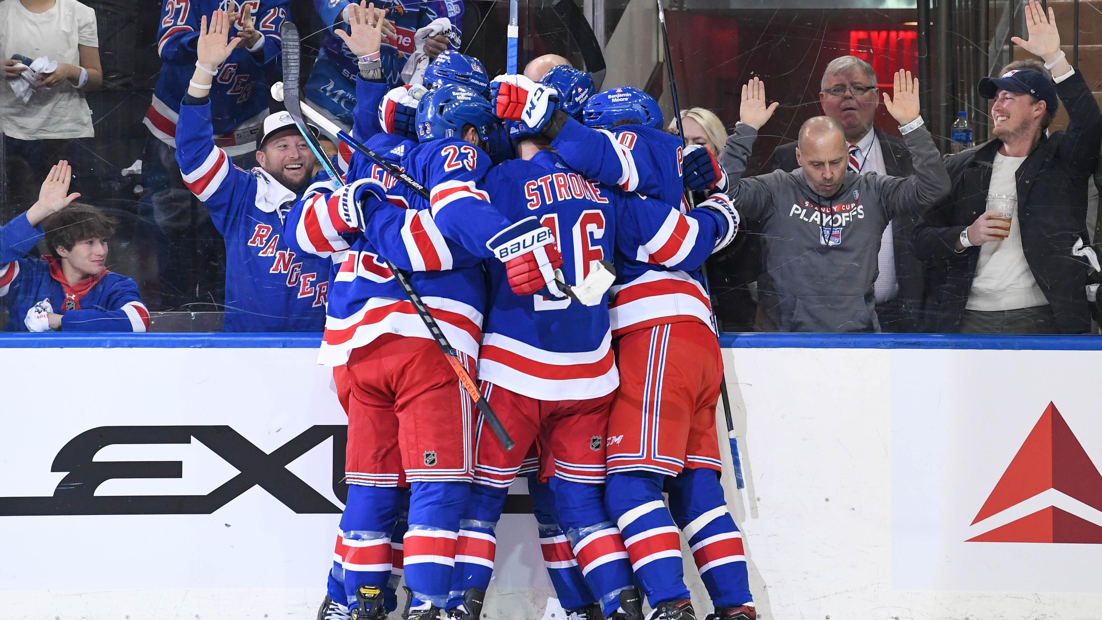 New York Rangers celebrates the goal by center Andrew Copp (18) against the Pittsburgh Penguins during the first period in game two of the first round of the 2022 Stanley Cup Playoffs / Dennis Schneidler-USA TODAY Sports