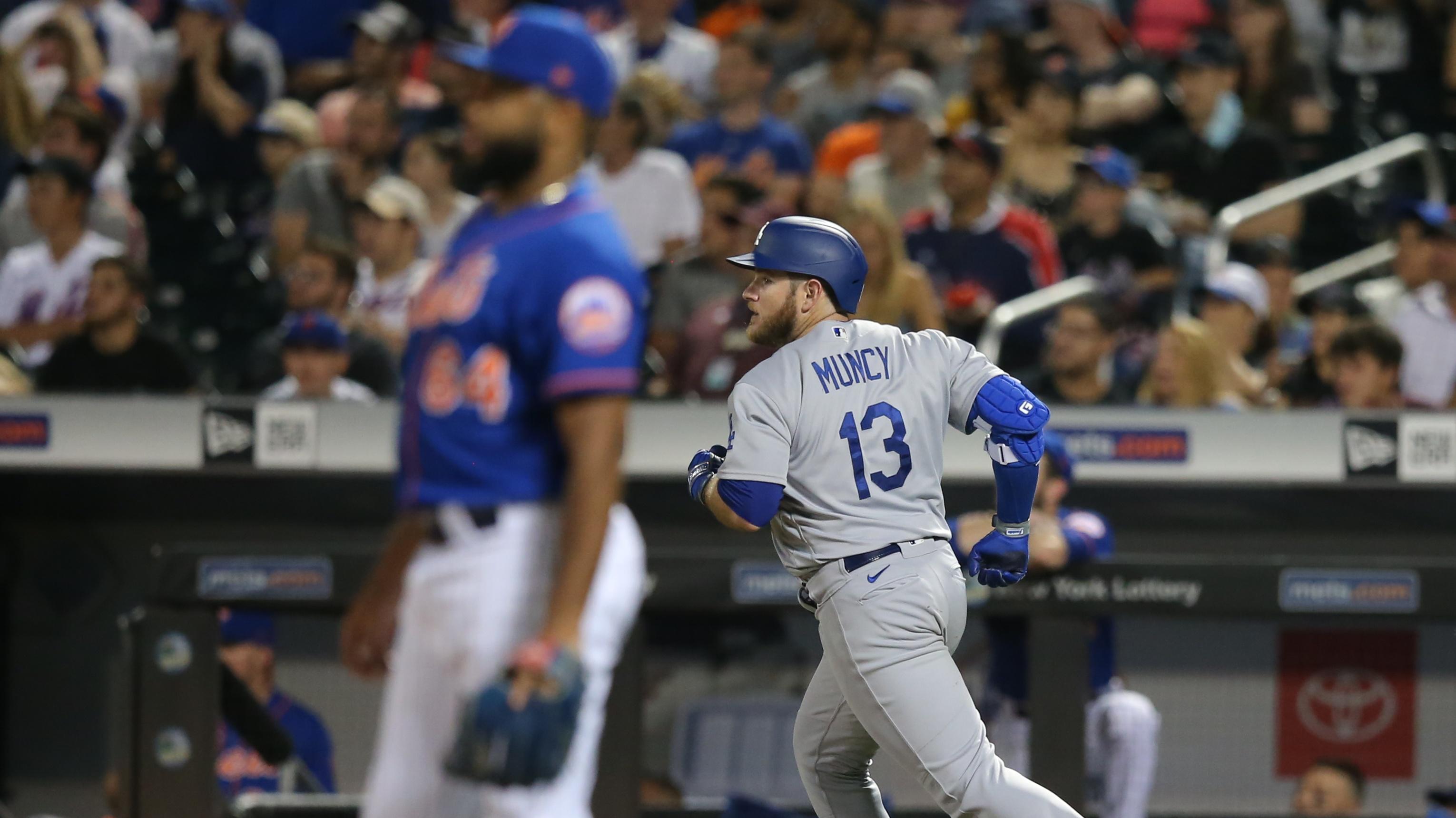 Aug 15, 2021; New York City, New York, USA; Los Angeles Dodgers first baseman Max Muncy (13) rounds the bases after hitting a two run home run against New York Mets relief pitcher Yennsy Diaz (64) during the sixth inning at Citi Field. / © Brad Penner-USA TODAY Sports
