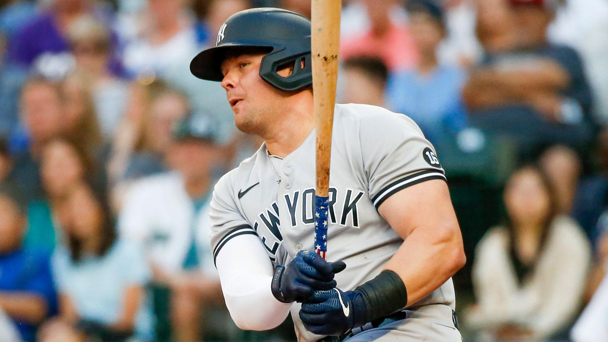 Jul 6, 2021; Seattle, Washington, USA; New York Yankees first baseman Luke Voit (59) hits a two-run single against the Seattle Mariners during the second inning at T-Mobile Park. / Joe Nicholson-USA TODAY Sports