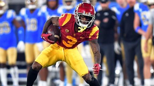 Southern California Trojans wide receiver Jordan Addison (3) runs the ball against the UCLA Bruins during the first half at the Rose Bowl / Gary A. Vasquez - USA TODAY Sports