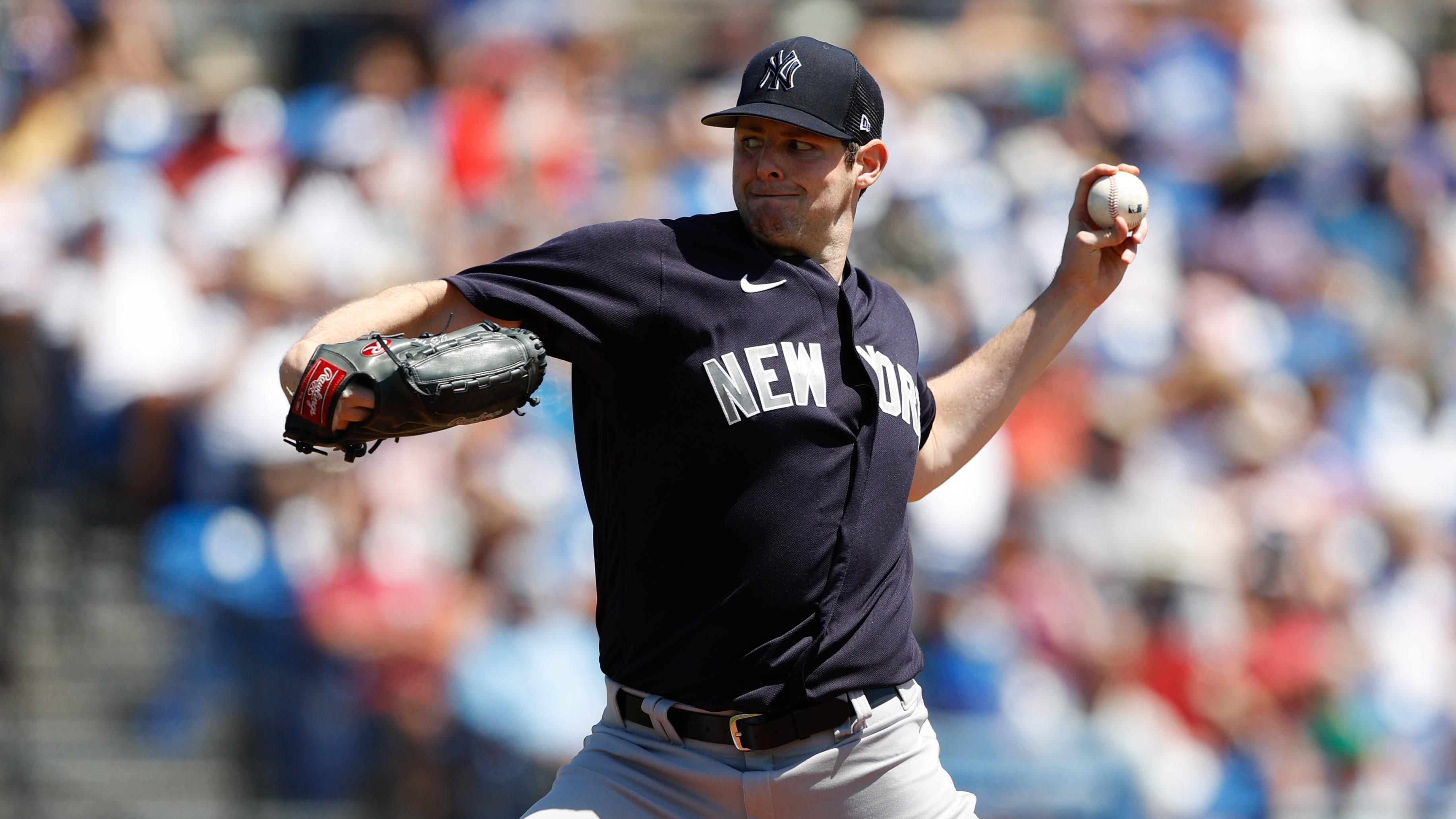 New York Yankees starting pitcher Jordan Montgomery (47) throws a pitch in the first inning against the Toronto Blue Jays during spring training at TD Ballpark. / Nathan Ray Seebeck-USA TODAY Sports