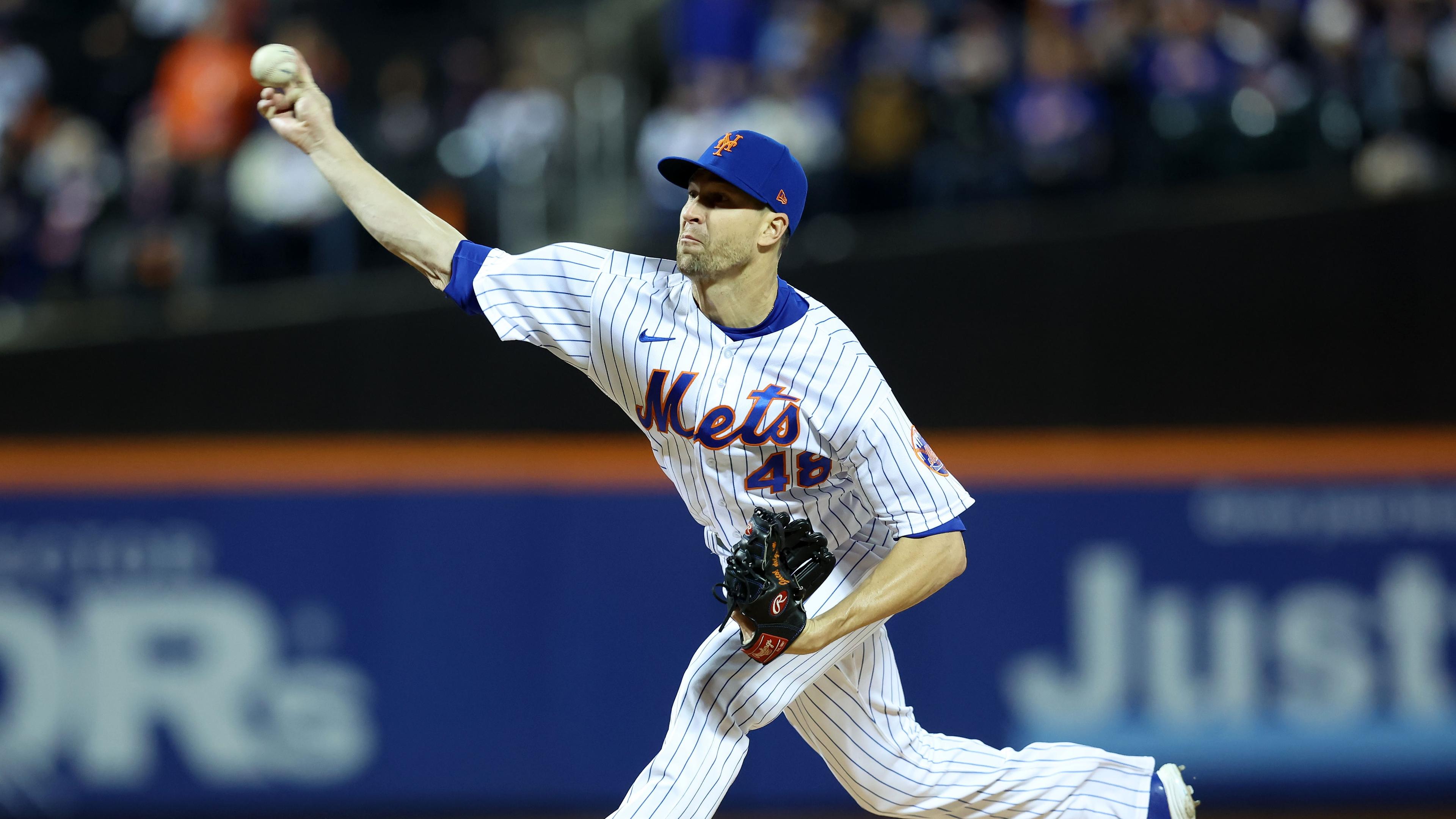 Oct 8, 2022; New York City, New York, USA; New York Mets starting pitcher Jacob deGrom (48) throws a pitch in the first inning during game two of the Wild Card series against the San Diego Padres for the 2022 MLB Playoffs at Citi Field. Mandatory Credit: Brad Penner-USA TODAY Sports / © Brad Penner-USA TODAY Sports