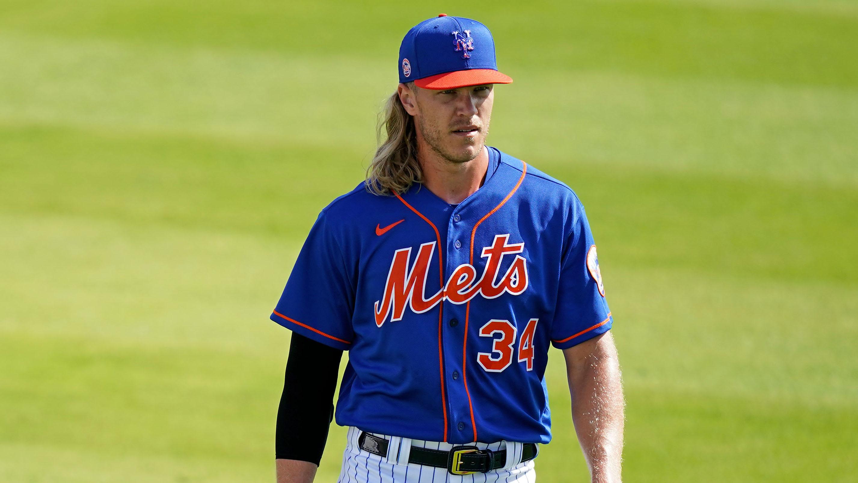 Feb 24, 2021; Port St. Lucie, Florida, USA; New York Mets starting pitcher Noah Syndergaard (34) walks on the field during spring training workouts at Clover Park. / Jasen Vinlove-USA TODAY Sports