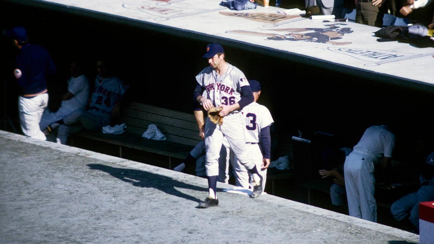 Oct 12, 1969; Baltimore, MD, USA; FILE PHOTO; New York Mets pitcher Jerry Koosman (36) walks out of the dugout against the the Baltimore Orioles during Game 2 of the 1969 World Series at Memorial Stadium. The Mets defeated the Orioles 2-1. / Dick Raphael-USA TODAY Sports