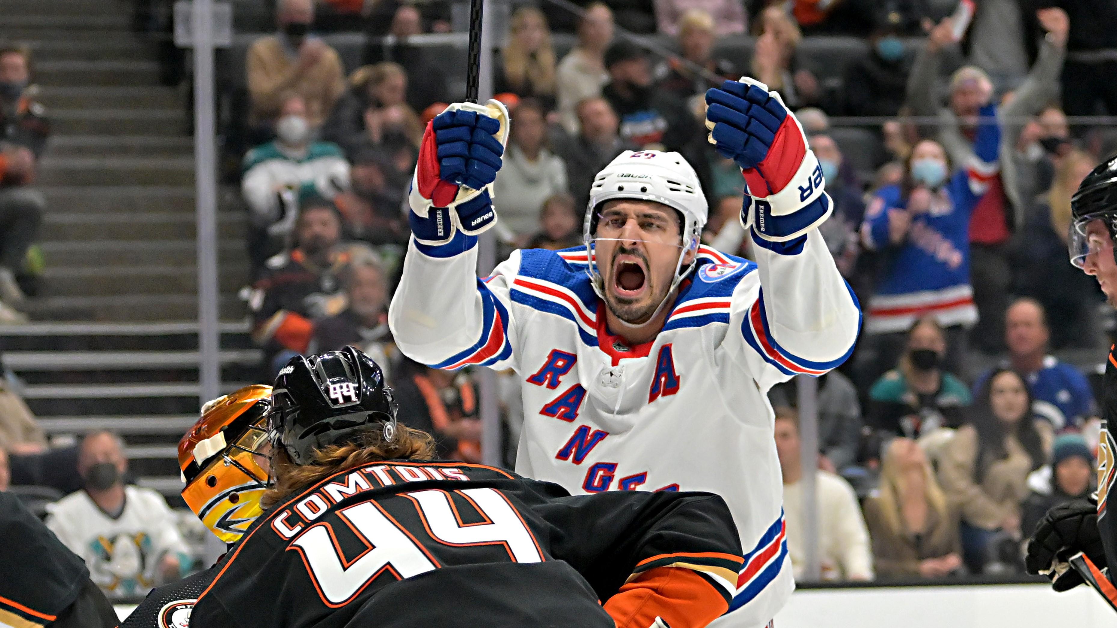 Jan 8, 2022; Anaheim, California, USA; New York Rangers left wing Chris Kreider (20) celebrates after a goal against the Anaheim Ducks in the second period at Honda Center. / Jayne Kamin-Oncea-USA TODAY Sports