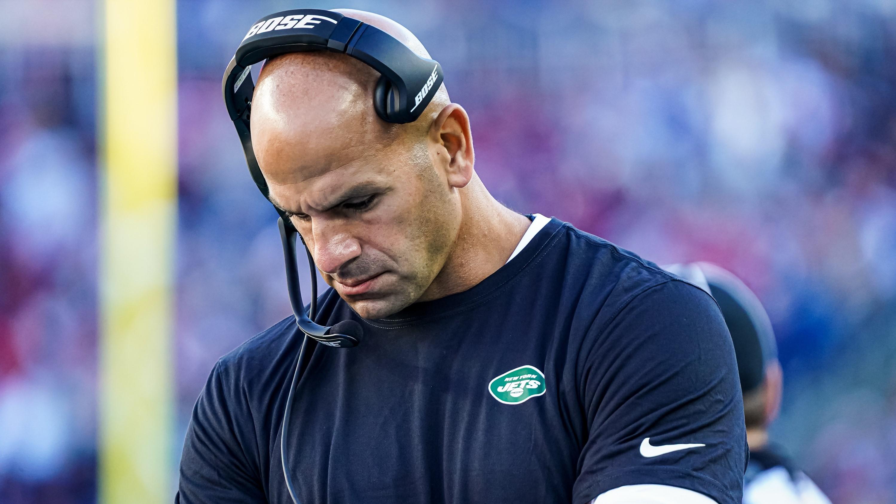 Oct 24, 2021; Foxborough, Massachusetts, USA; New York Jets head coach Robert Saleh watches from the sideline against the New England Patriots in the second half at Gillette Stadium. Mandatory Credit: David Butler II-USA TODAY Sports / David Butler II-USA TODAY Sports