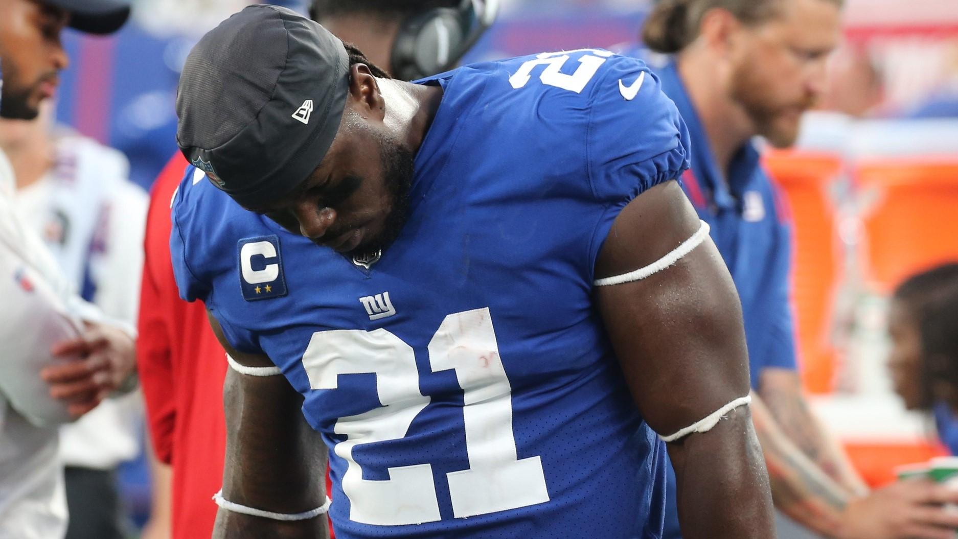 Jabrill Peppers of the Giants on the sidelines in the fourth quarter as the Denver Broncos came to MetLife Stadium in East Rutherford, NJ and beat the New York Giants 27-13 in the first game of the 2021 season on September 12, 2021 / Chris Pedota, NorthJersey.com via Imagn Content Services,