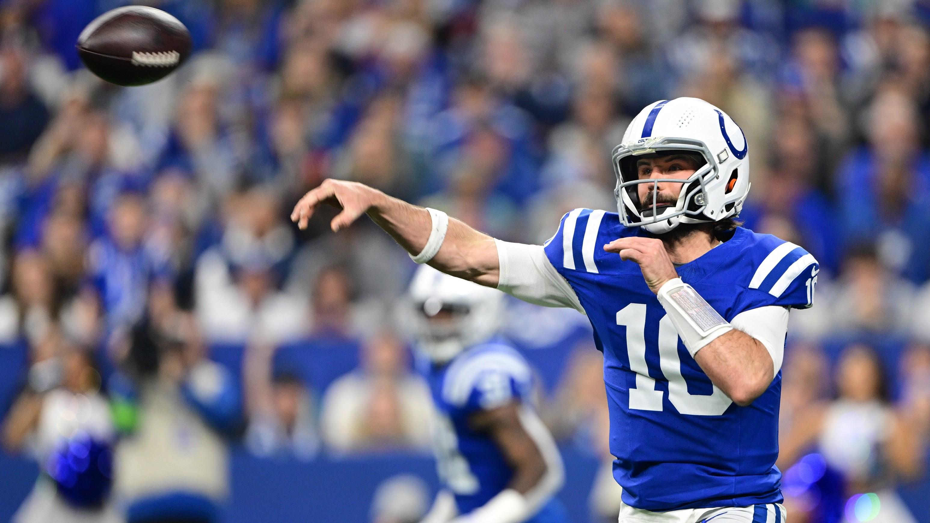 Jan 6, 2024; Indianapolis, Indiana, USA; Indianapolis Colts quarterback Gardner Minshew (10) throws a pass against the Houston Texans during the first quarter at Lucas Oil Stadium. / Marc Lebryk-USA TODAY Sports