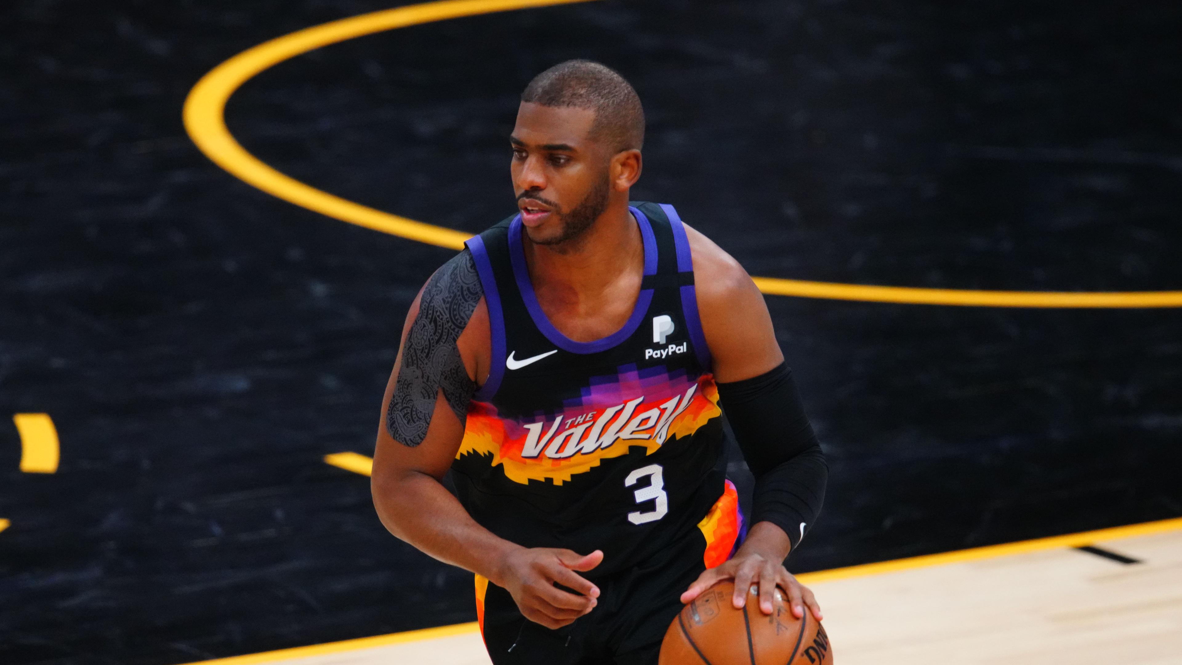 May 25, 2021; Phoenix, Arizona, USA; Phoenix Suns guard Chris Paul (3) against the Los Angeles Lakers during game two of the first round of the 2021 NBA Playoffs at Phoenix Suns Arena. / Mark J. Rebilas-USA TODAY Sports