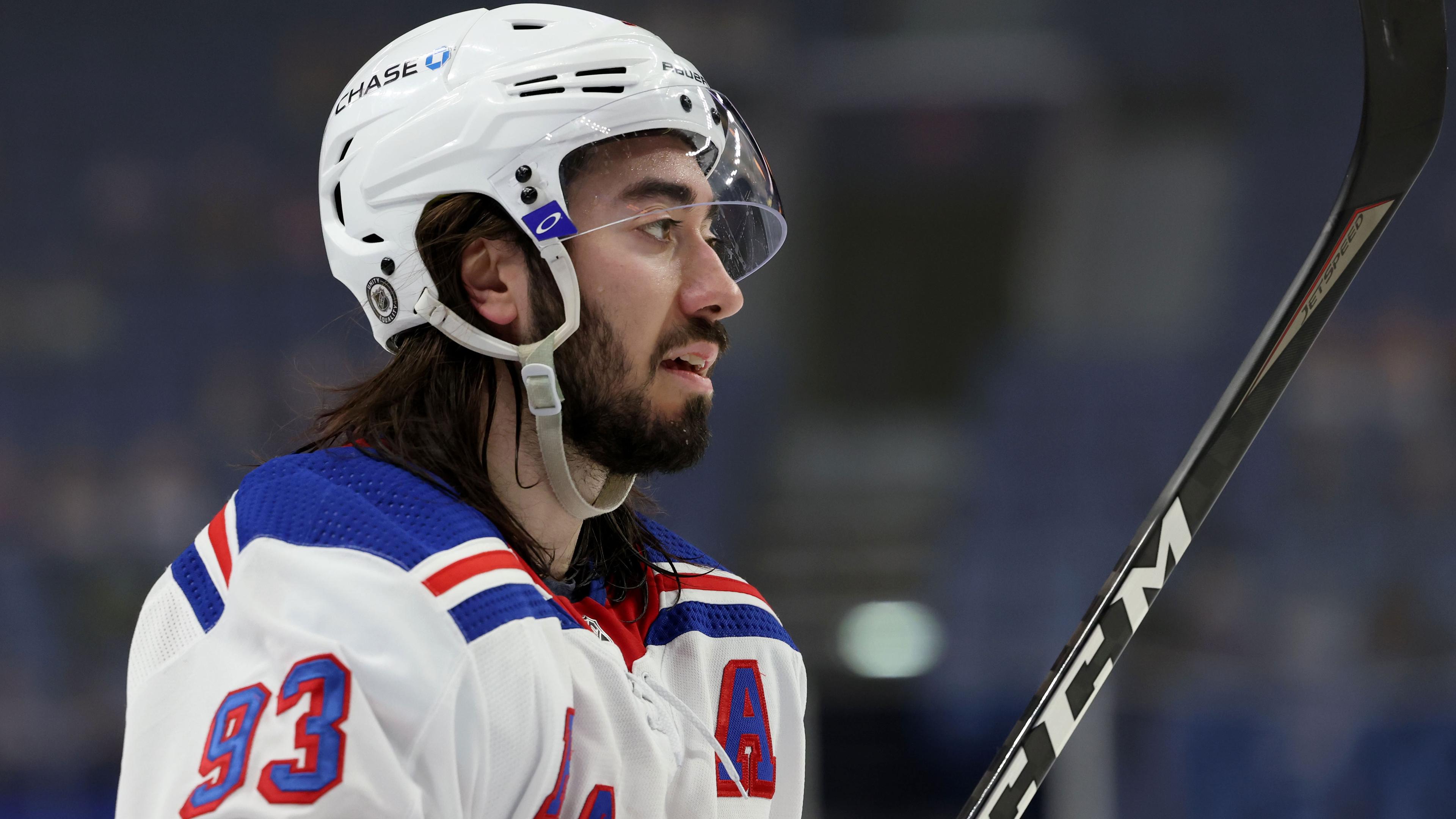 Apr 1, 2021; Buffalo, New York, USA; New York Rangers center Mika Zibanejad (93) during a stoppage in play against the Buffalo Sabres during the third period at KeyBank Center. / Timothy T. Ludwig-USA TODAY Sports