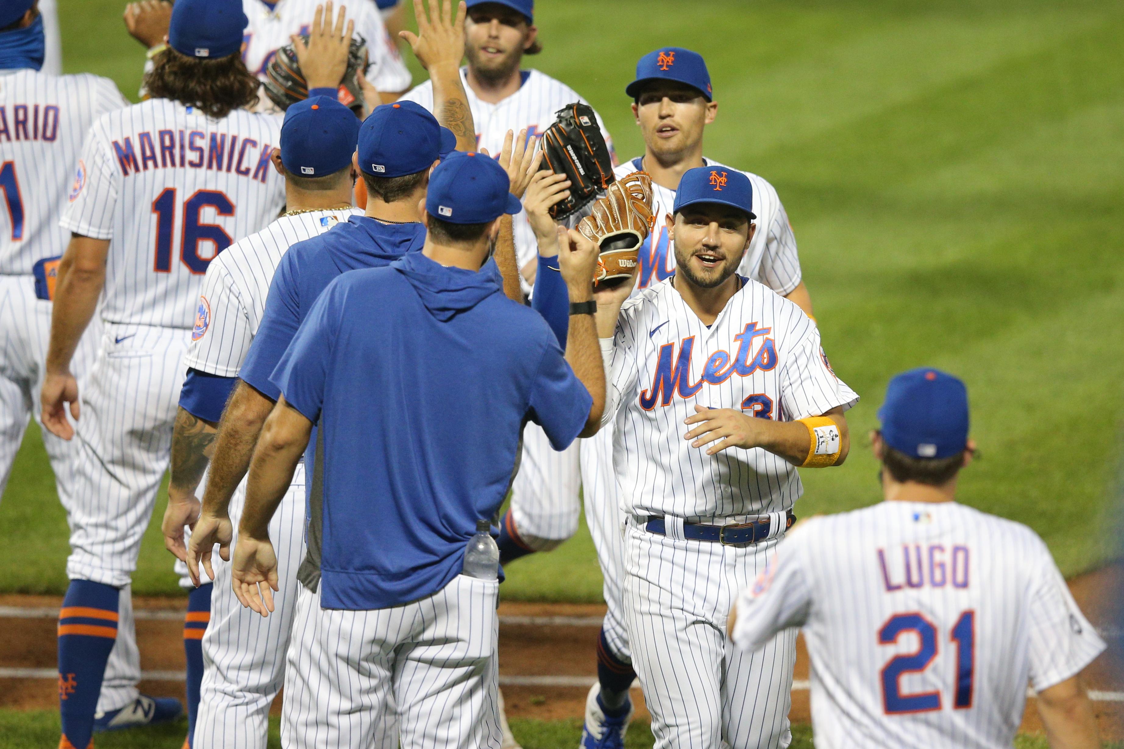 Sep 9, 2020; New York City, New York, USA; New York Mets right fielder Michael Conforto (30) celebrates with teammates after defeating the Baltimore Orioles at Citi Field. / Brad Penner - USA Today Sports
