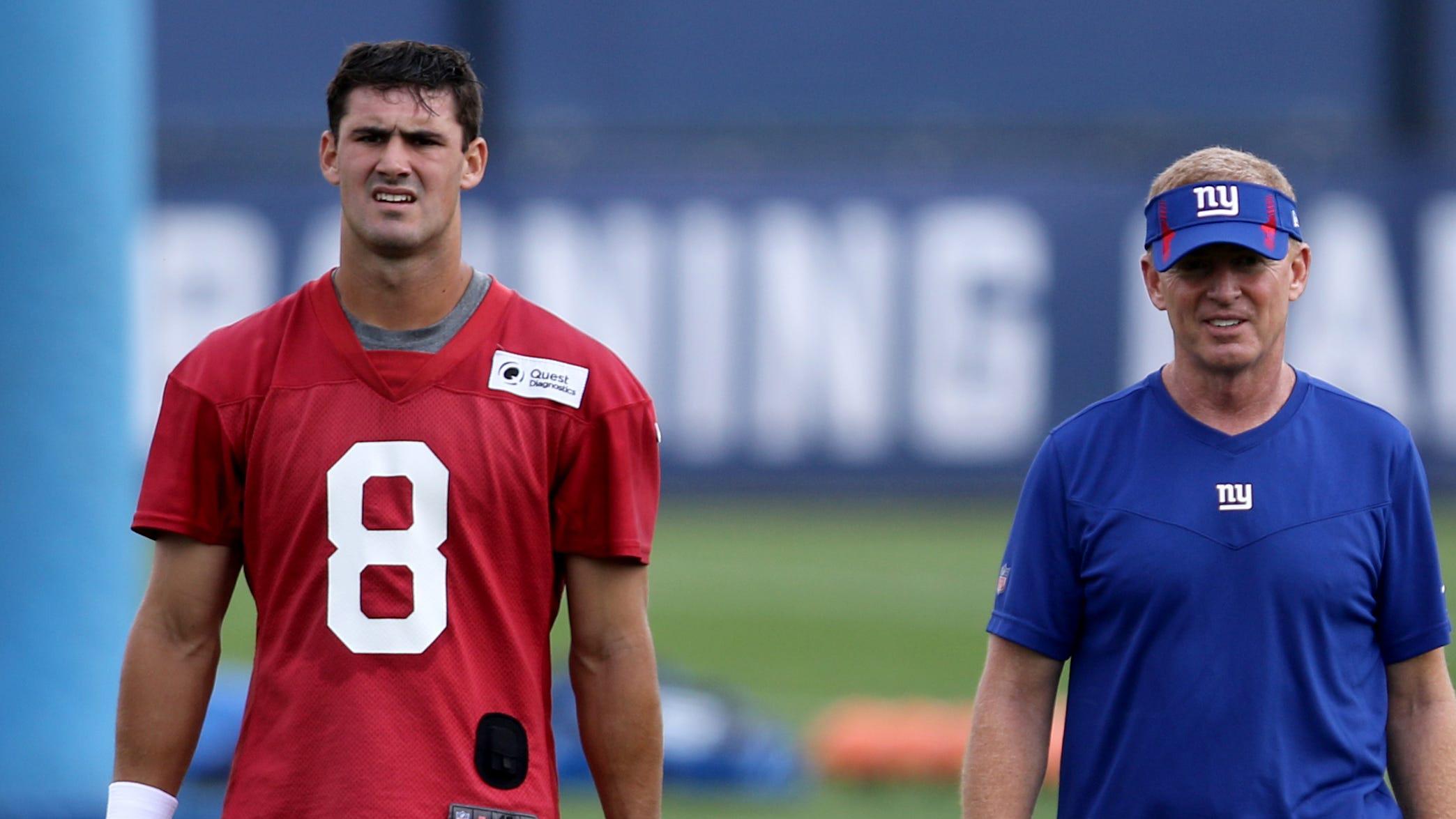 Quarterback Daniel Jones and Offensive Coordinator, Jason Garrett walk off the field after Giants practice, in East Rutherford. / Kevin R. Wexler-NorthJersey.com-Imagn Content Services, LLC