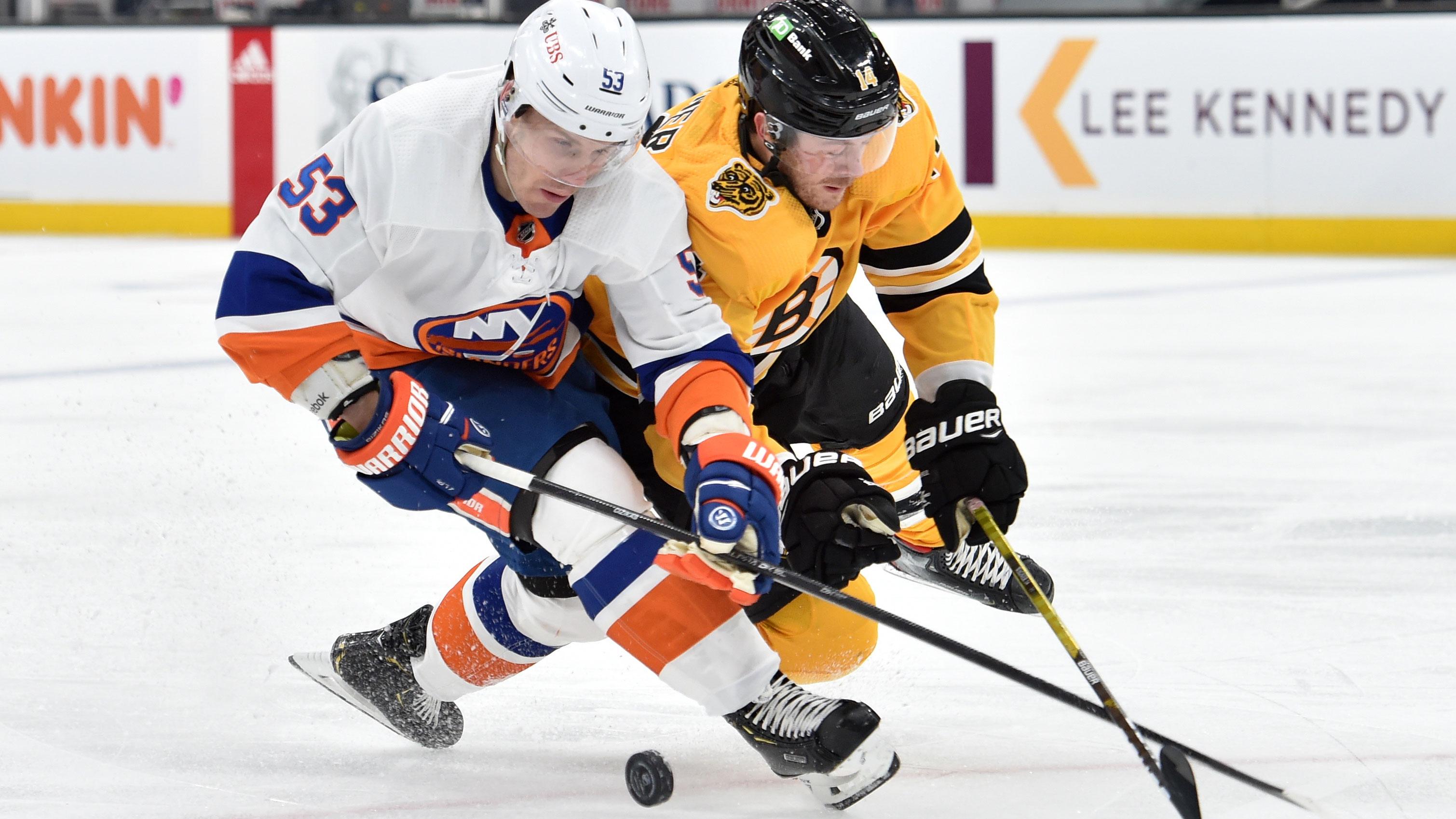 Apr 15, 2021; Boston, Massachusetts, USA; New York Islanders center Casey Cizikas (53) and Boston Bruins right wing Chris Wagner (14) battle for the puck during the first period at TD Garden. / Bob DeChiara-USA TODAY Sports