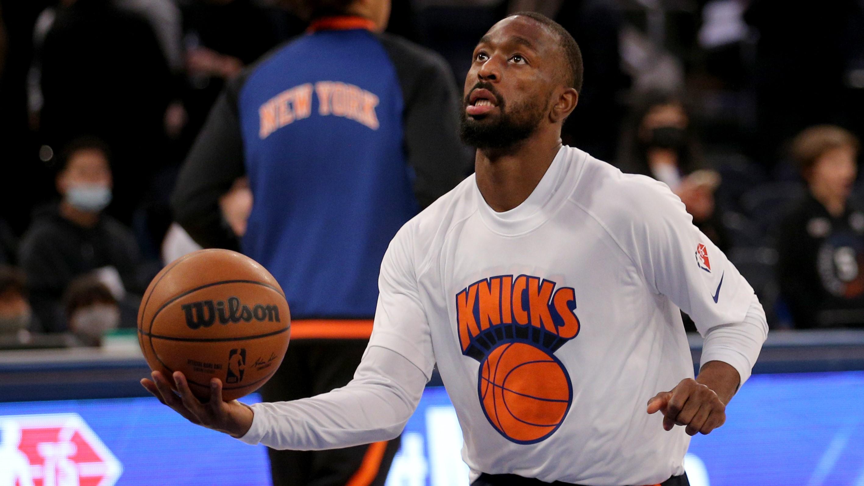 Nov 23, 2021; New York, New York, USA; New York Knicks guard Kemba Walker (8) warms up before a game against the Los Angeles Lakers at Madison Square Garden. Mandatory Credit: Brad Penner-USA TODAY Sports / Brad Penner-USA TODAY Sports