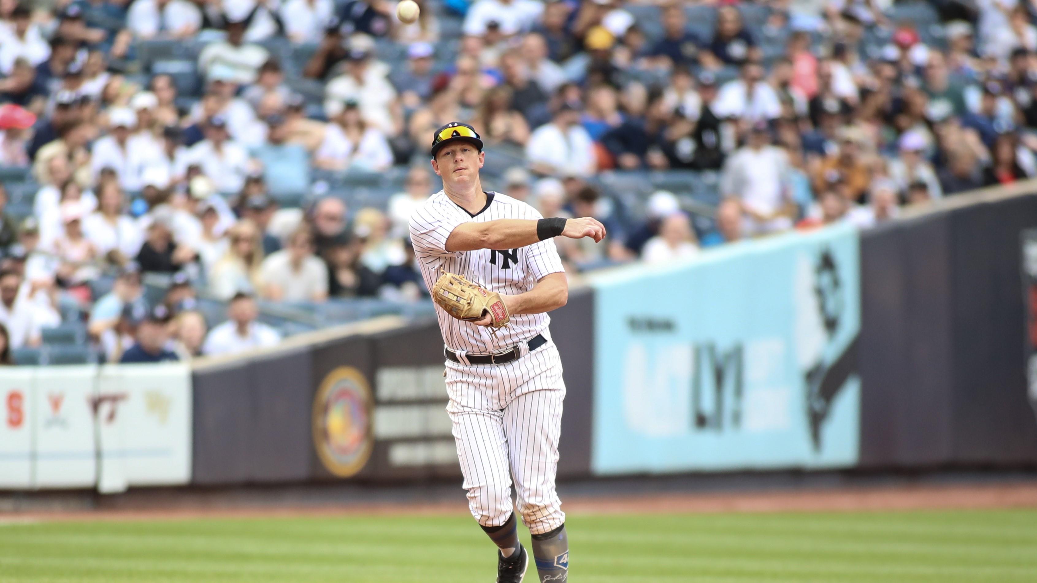 Apr 15, 2023; Bronx, New York, USA; New York Yankees third baseman DJ LeMahieu throws a runner out at first base in the ninth inning against the Minnesota Twins at Yankee Stadium. Mandatory Credit: Wendell Cruz-USA TODAY Sports / © Wendell Cruz-USA TODAY Sports