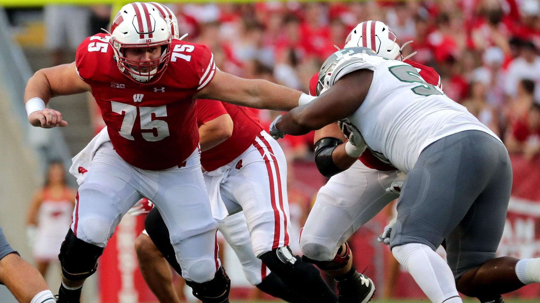 Wisconsin offensive lineman Joe Tippmann (75) looks for someone to block during the first quarter of their game against Eastern Michigan Saturday, September 11, 2021 at Camp Randall Stadium in Madison, Wis. / MARK HOFFMAN/MILWAUKEE JOURNAL SENTINEL via Imagn Content Services, LLC