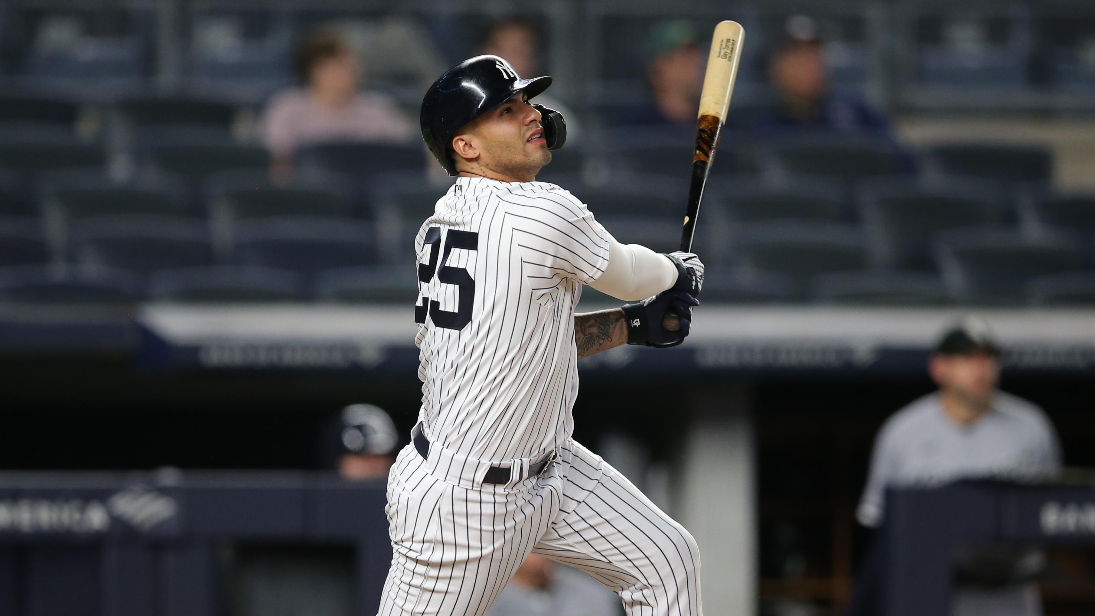 May 21, 2021; Bronx, New York, USA; New York Yankees shortstop Gleyber Torres (25) follows through on a solo home run against the Chicago White Sox during the seventh inning at Yankee Stadium. Mandatory Credit: Brad Penner-USA TODAY Sports / © Brad Penner-USA TODAY Sports