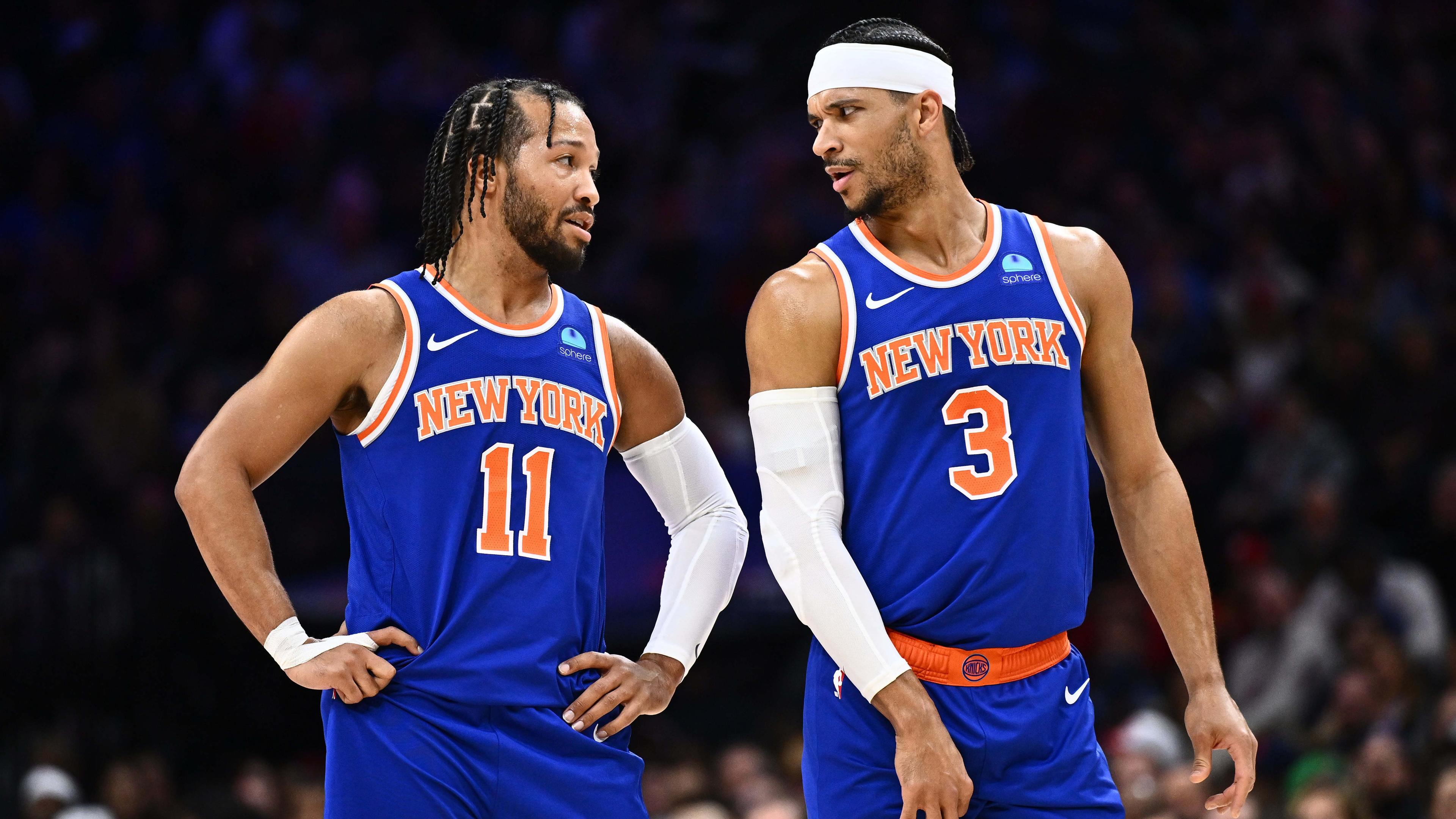 New York Knicks guard Jalen Brunson (11) reacts with guard Josh Hart (3) against the Philadelphia 76ers in the second quarter at Wells Fargo Center / Kyle Ross - USA TODAY Sports