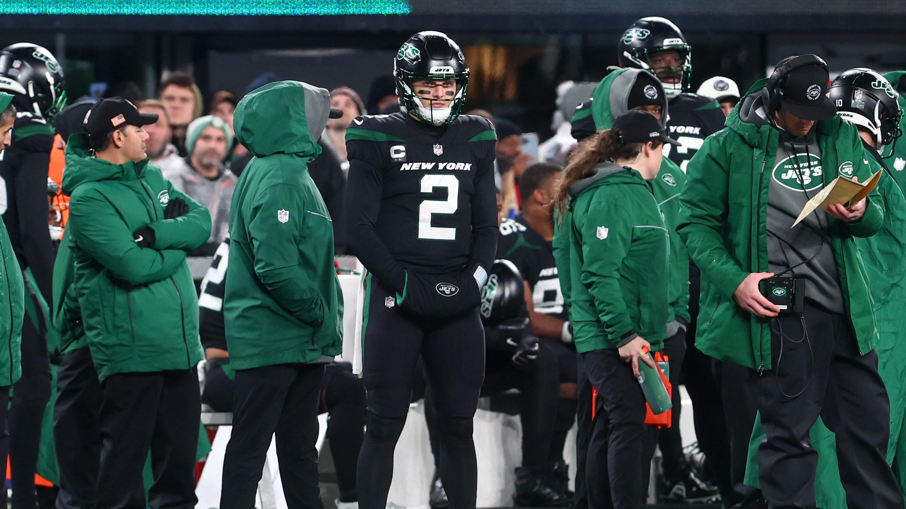 Dec 22, 2022; East Rutherford, New Jersey, USA; New York Jets quarterback Zach Wilson (2) watches from the sideline after being pulled from the game against the Jacksonville Jaguars during the second half at MetLife Stadium. Mandatory Credit: Ed Mulholland-USA TODAY Sports / © Ed Mulholland-USA TODAY Sports