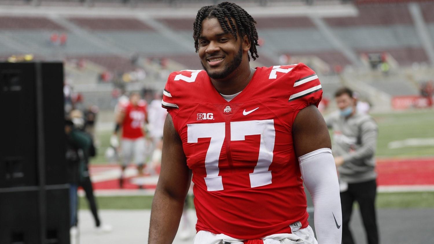 Team Buckeye offensive guard Paris Johnson Jr. (77) leaves the field following the Ohio State Buckeyes football spring game at Ohio Stadium in Columbus on Saturday, April 17, 2021. Ohio State Football Spring Game / Adam Cairns/Columbus Dispatch / USA TODAY NETWORK