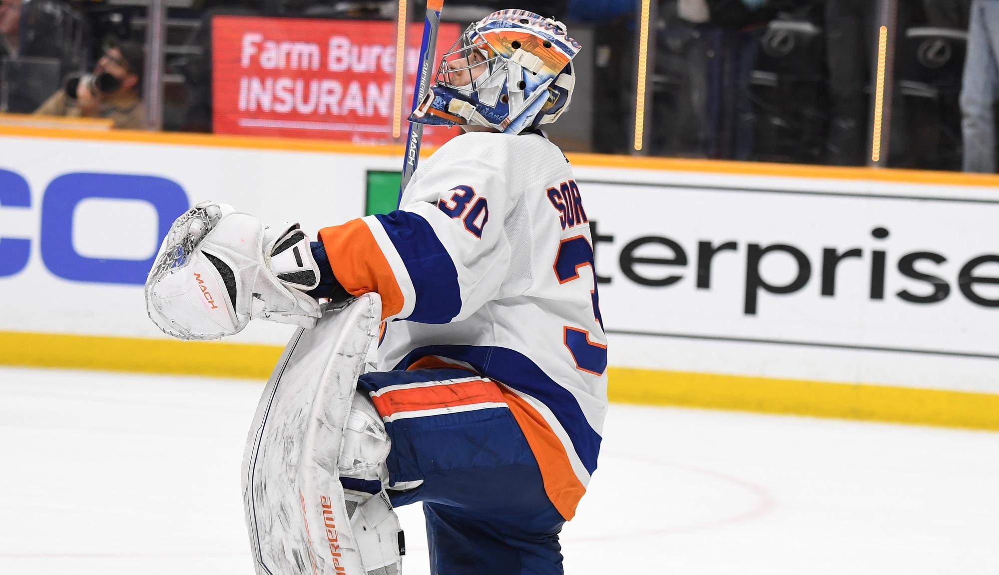 New York Islanders goaltender Ilya Sorokin (30) reacts after allowing the game-winning goal during the third period against the Nashville Predators at Bridgestone Arena. / Christopher Hanewinckel-USA TODAY Sports