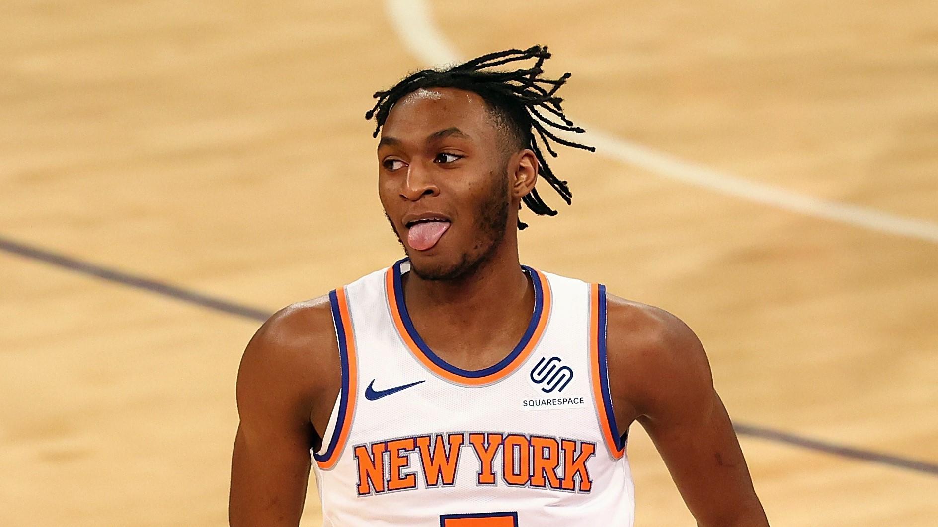 Mar 29, 2021; New York, New York, USA; New York Knicks guard Immanuel Quickley (5) reacts after hitting a three point basket against the Miami Heat at Madison Square Garden. / Mike Stobe/POOL PHOTOS-USA TODAY Sports