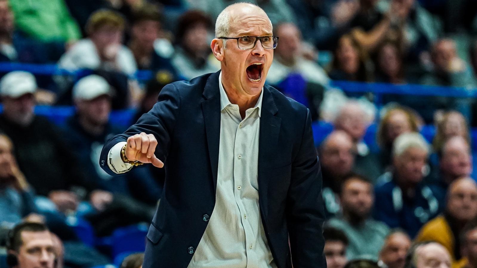 Connecticut Huskies head coach Dan Hurley reacts from the sideline as they take on the Georgetown Hoyas at XL Center. / David Butler II-USA TODAY Sports