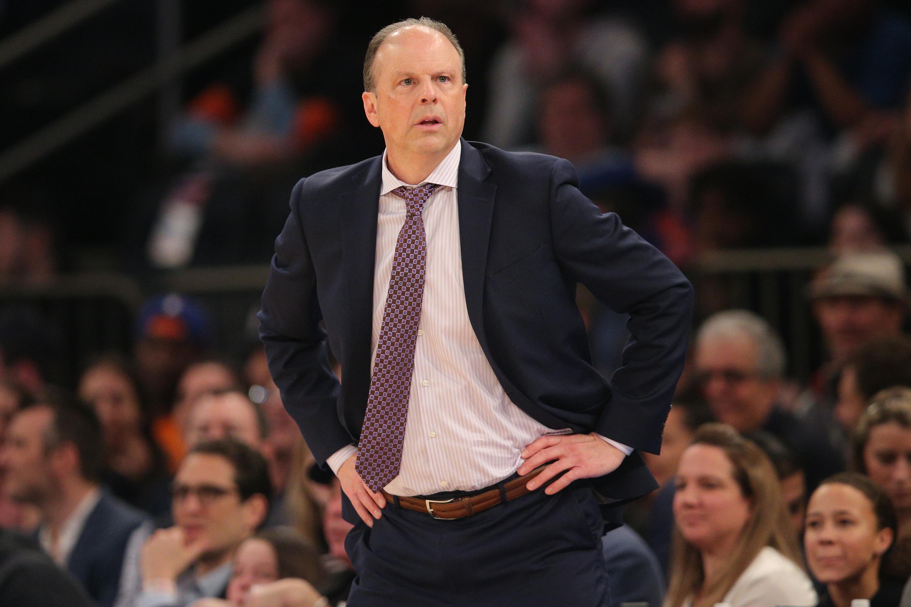 Feb 12, 2020; New York, New York, USA; New York Knicks interim head coach Mike Miller coaches against the Washington Wizards during the first quarter at Madison Square Garden. Mandatory Credit: Brad Penner-USA TODAY Sports / © Brad Penner-USA TODAY Sports