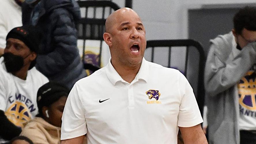 Camden basketball coach Rick Brunson directs his team during Monday's South Jersey Group 2 championship game against visiting Haddonfield. / Adam Monacelli/Courier-Post / USA TODAY NETWORK