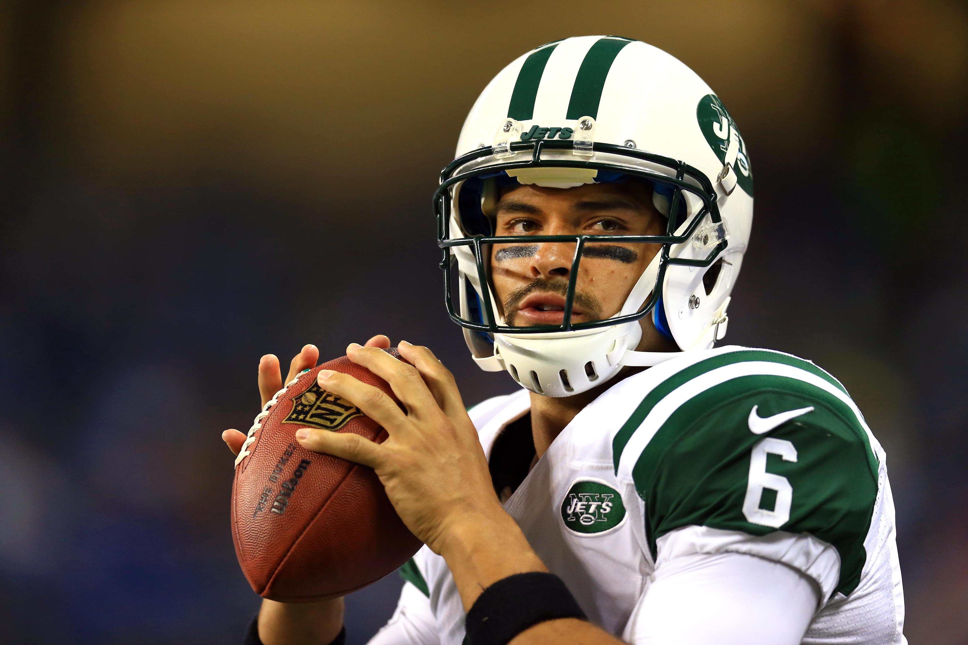 Aug 9, 2013; Detroit, MI, USA; New York Jets quarterback Mark Sanchez (6) in the first quarter of a preseason game against the Detroit Lions at Ford Field. Mandatory Credit: Andrew Weber-USA TODAY Sports / Andrew Weber-USA TODAY Sports