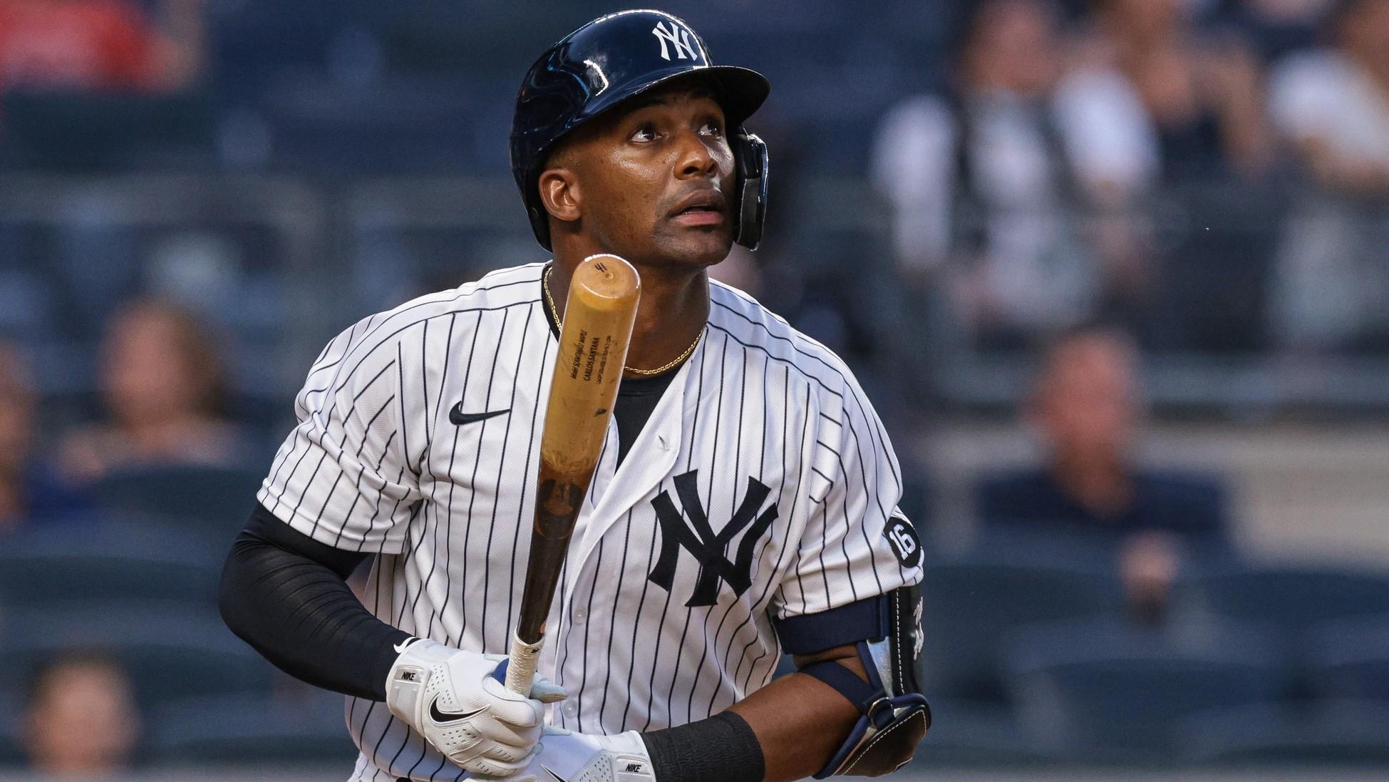Jun 29, 2021; Bronx, New York, USA; New York Yankees third baseman Miguel Andujar (41) watches his home run during the fourth inning against the Los Angeles Angels at Yankee Stadium. / Vincent Carchietta-USA TODAY Sports