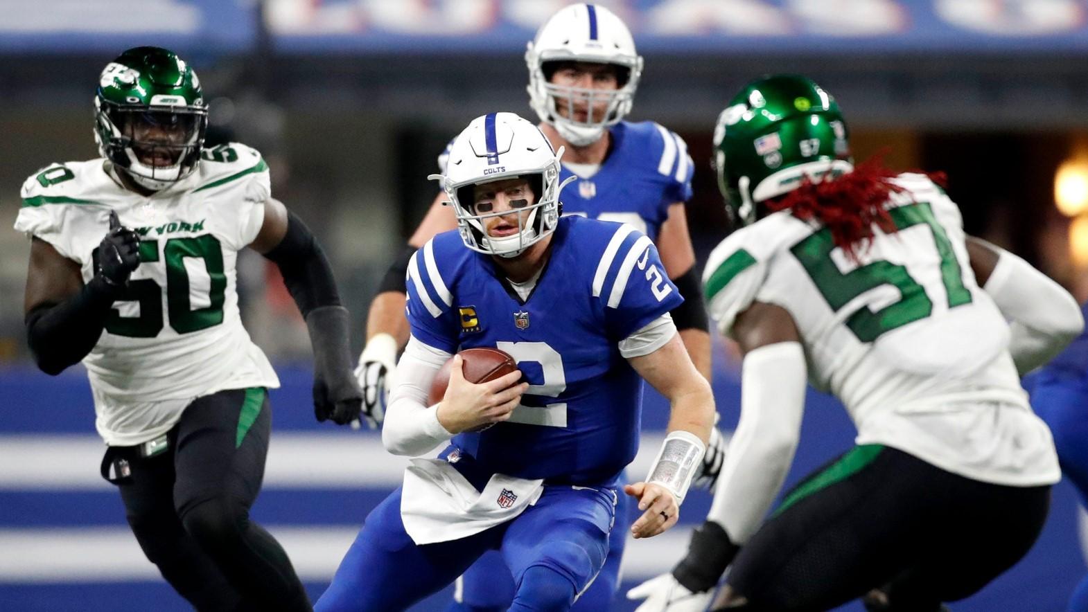 Indianapolis Colts quarterback Carson Wentz (2) rushes the ball Thursday, Nov. 4, 2021, during a game against the New York Jets at Lucas Oil Stadium in Indianapolis. / Christine Tannous/IndyStar / USA TODAY NETWORK