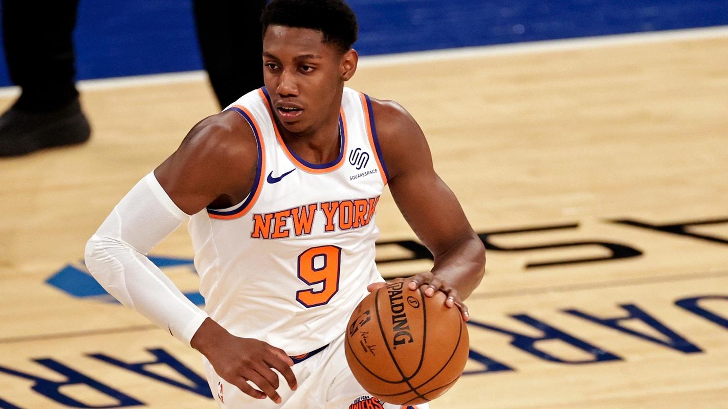 Mar 18, 2021; New York, New York, USA; New York Knicks guard RJ Barrett (9) drives to the basket against the Orlando Magic forward during the first half of an NBA basketball game Thursday, March 18, 2021, in New York. / Adam Hunger/Pool Photo-USA TODAY Sports