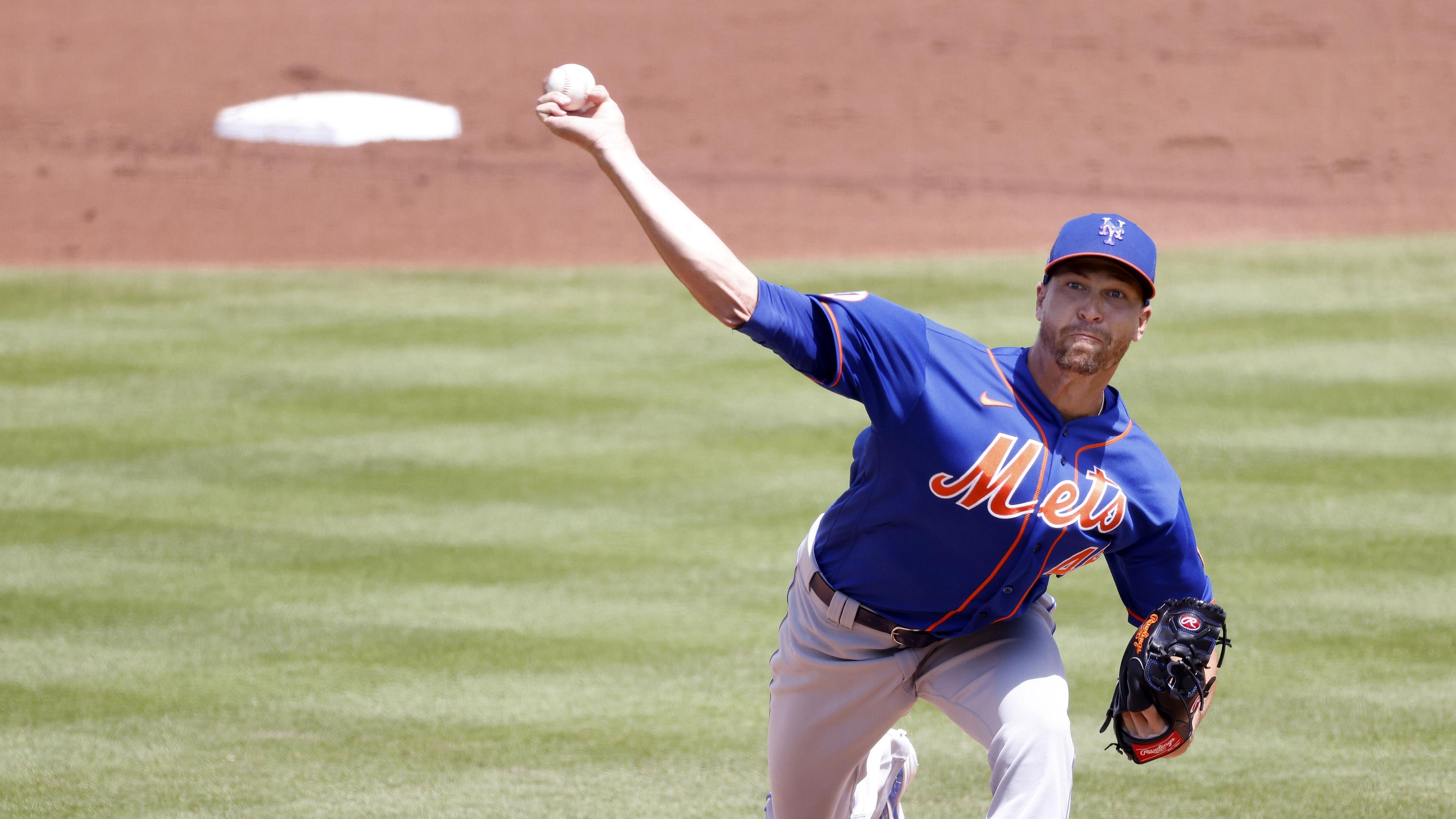 Mar 21, 2021; West Palm Beach, Florida, USA; New York Mets pitcher Jacob deGrom (48) throws during the first inning of a spring training game against the Washington Nationals at FITTEAM Ballpark of the Palm Beaches. Mandatory Credit: Rhona Wise-USA TODAY Sports / © Rhona Wise-USA TODAY Sports