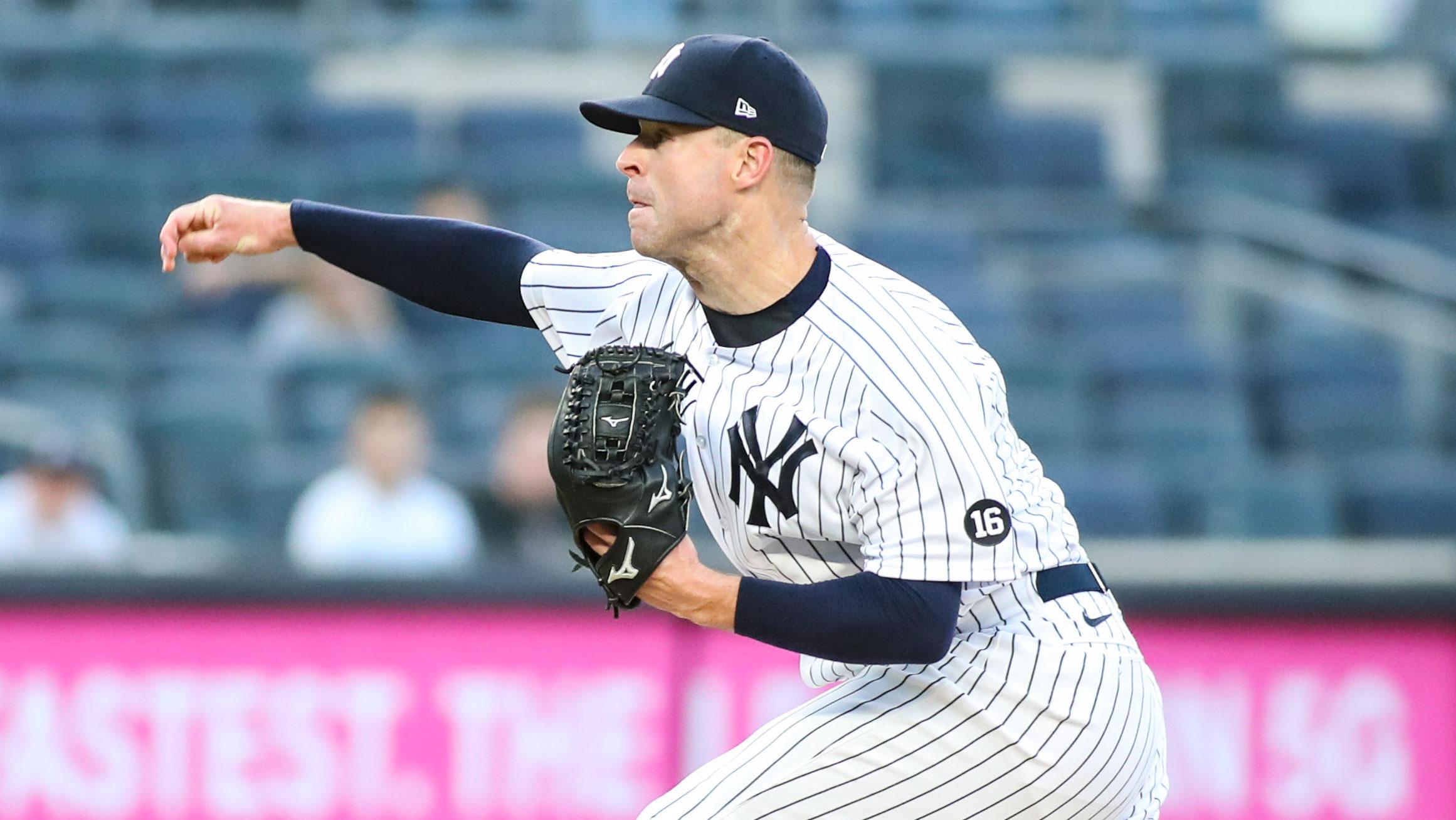 May 25, 2021; Bronx, New York, USA; New York Yankees pitcher Corey Kluber (28) pitches in the first inning against the Toronto Blue Jays at Yankee Stadium. / Wendell Cruz-USA TODAY Sports