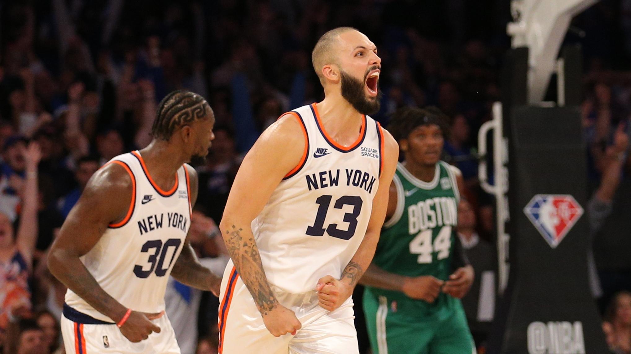 New York Knicks guard Evan Fournier (13) reacts after hitting a three point shot against the Boston Celtics during the second overtime at Madison Square Garden. / Brad Penner-USA TODAY Sports