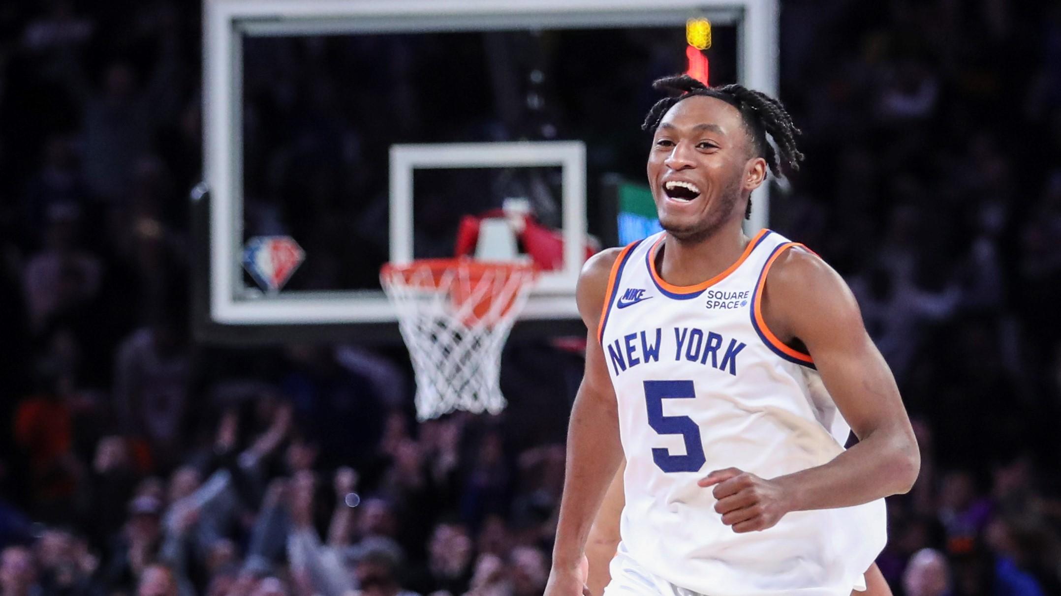 Nov 10, 2021; New York, New York, USA; New York Knicks guard Immanuel Quickley (5) celebrates during a timeout in the fourth quarter against the Milwaukee Bucks at Madison Square Garden. Mandatory Credit: Wendell Cruz-USA TODAY Sports / Wendell Cruz-USA TODAY Sports