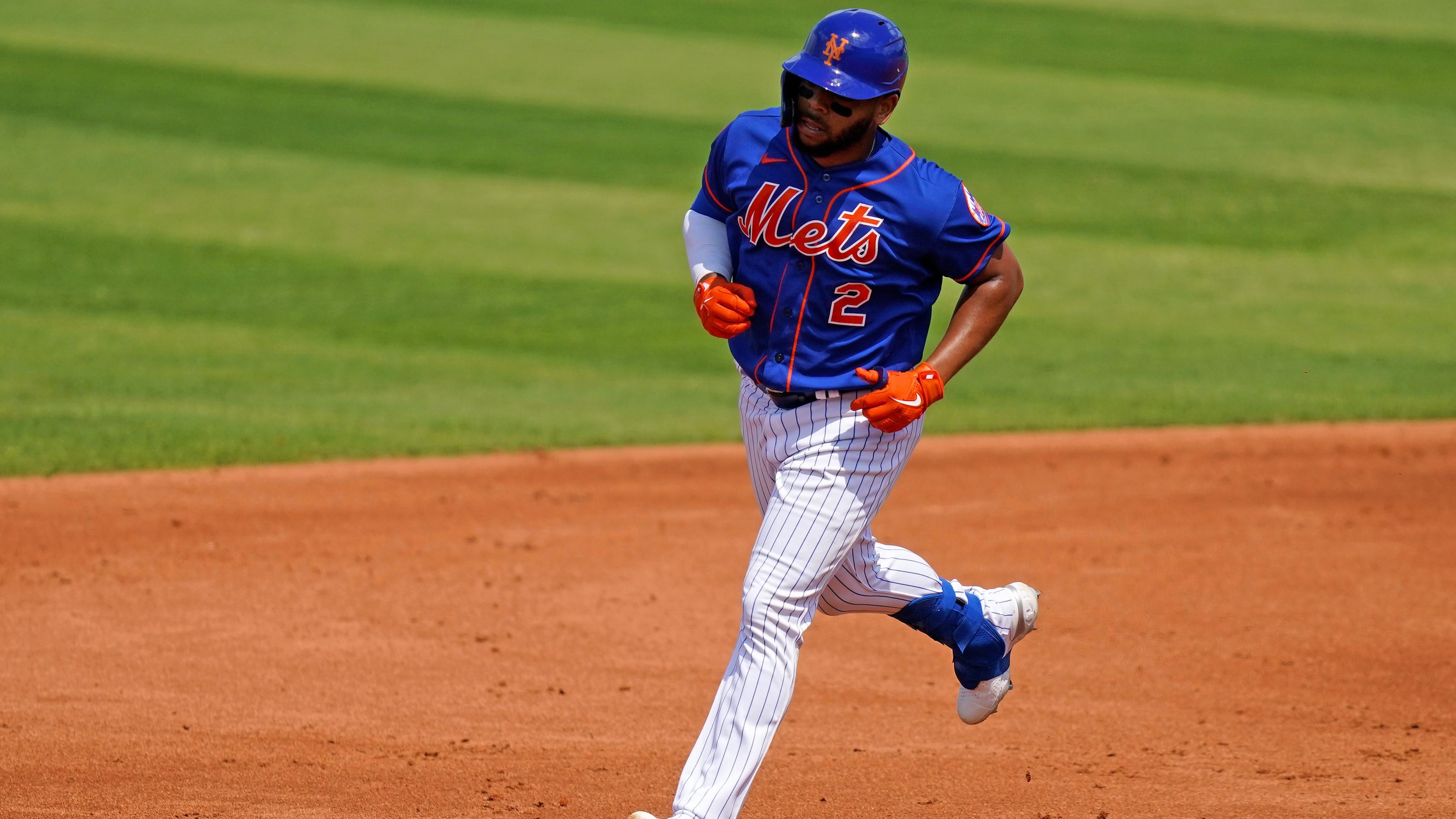 Mar 16, 2021; Port St. Lucie, Florida, USA; New York Mets left fielder Dominic Smith (2) rounds the bases after hitting a three-run homerun in the 3rd inning of the spring training game against the Houston Astros at Clover Park. / Jasen Vinlove-USA TODAY Sports