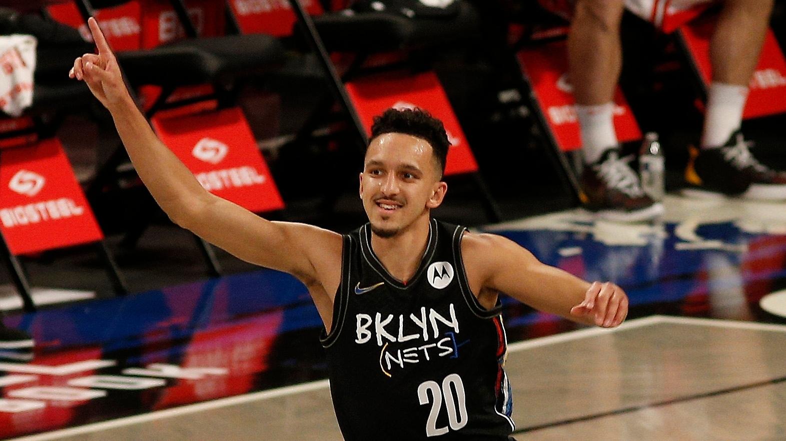 May 15, 2021; Brooklyn, New York, USA; Brooklyn Nets guard Landry Shamet (20) reacts after hitting a three point basket against the Chicago Bulls during the first half at Barclays Center. / Andy Marlin-USA TODAY Sports