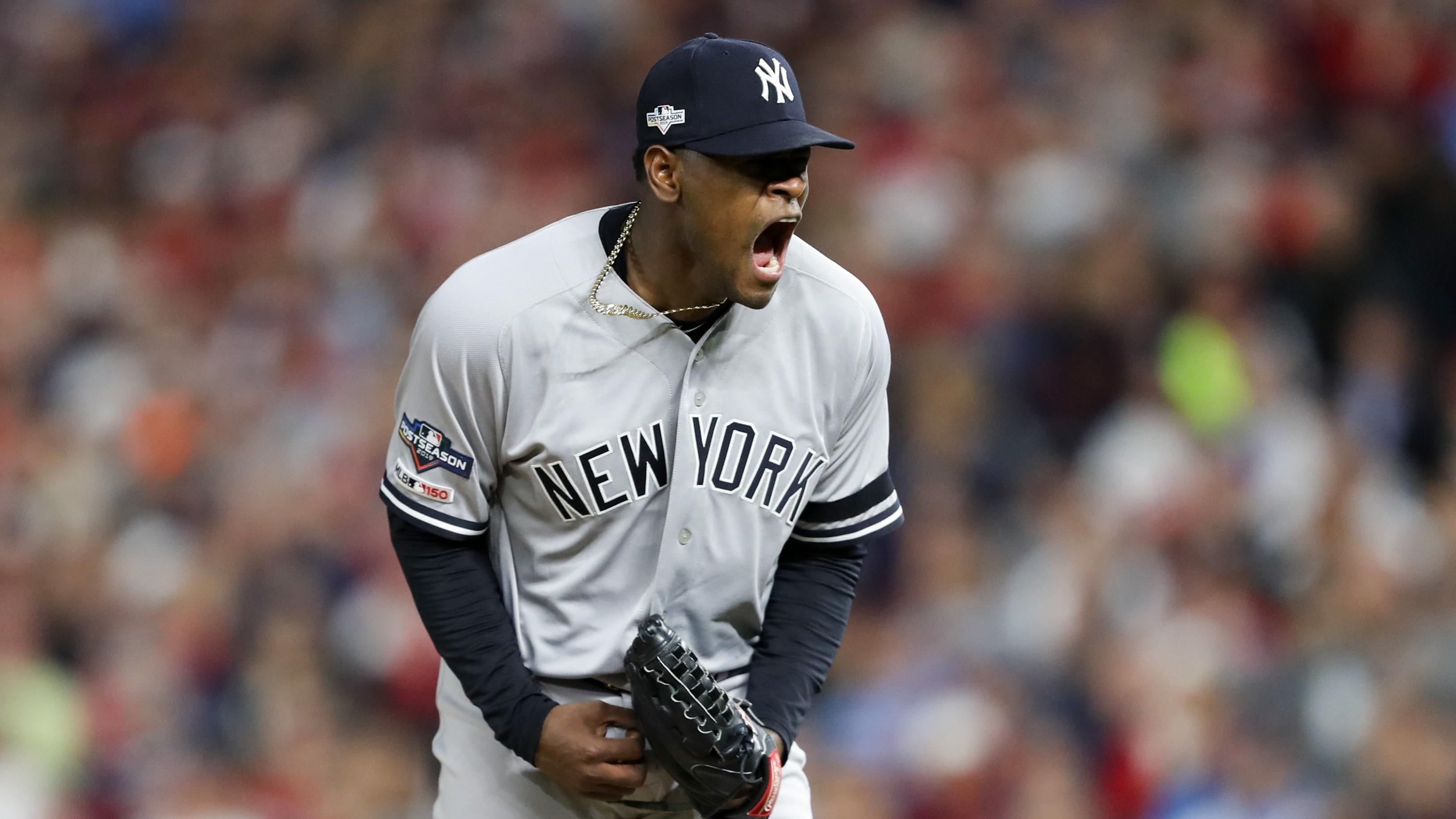 Oct 7, 2019; Minneapolis, MN, USA; New York Yankees starting pitcher Luis Severino (40) reacts during the second inning of game three of the 2019 ALDS playoff baseball series against the Minnesota Twins at Target Field. Mandatory Credit: Jesse Johnson-USA TODAY Sports / Jesse Johnson-USA TODAY Sports