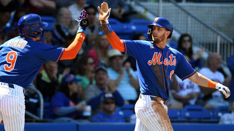 Mar 1, 2020; Port St. Lucie, Florida, USA; New York Mets outfielder Jeff McNeil (6) congratulates teammate Brandon Nimmo (9) after they both scored in the first inning against the Washington Nationals at Clover Park. / Jim Rassol/USA TODAY Sports