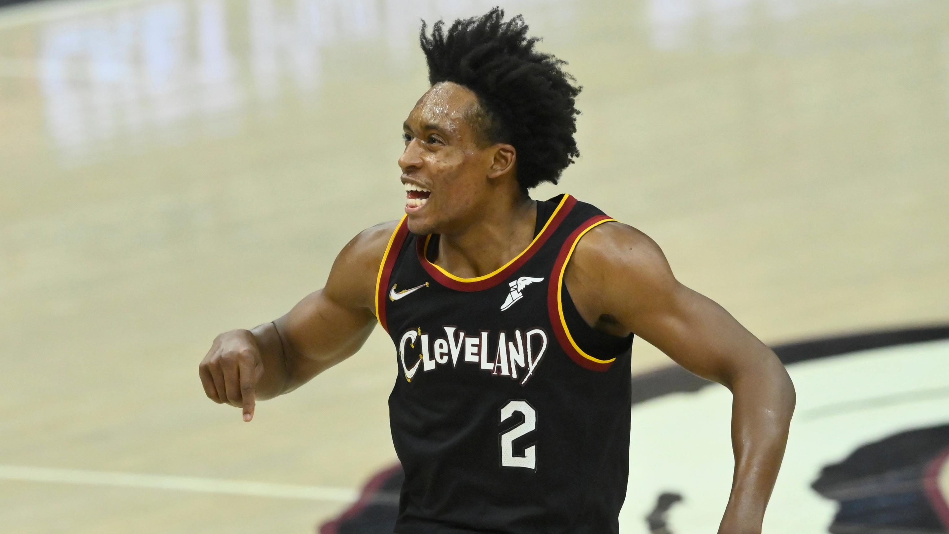 May 10, 2021; Cleveland, Ohio, USA; Cleveland Cavaliers guard Collin Sexton (2) reacts in the second quarter against the Indiana Pacers at Rocket Mortgage FieldHouse. / David Richard-USA TODAY Sports