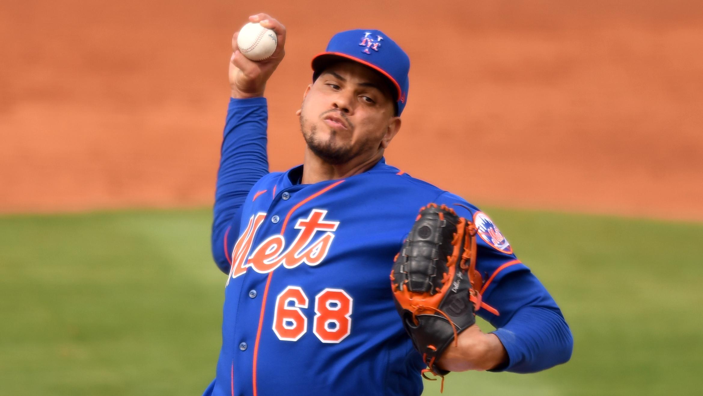 Mar 4, 2021; Port St. Lucie, Florida, USA; New York Mets relief pitcher Dellin Betances (68) pitches against the Washington Nationals in the fifth inning of a spring training game at Clover Park. / Jim Rassol-USA TODAY Sports