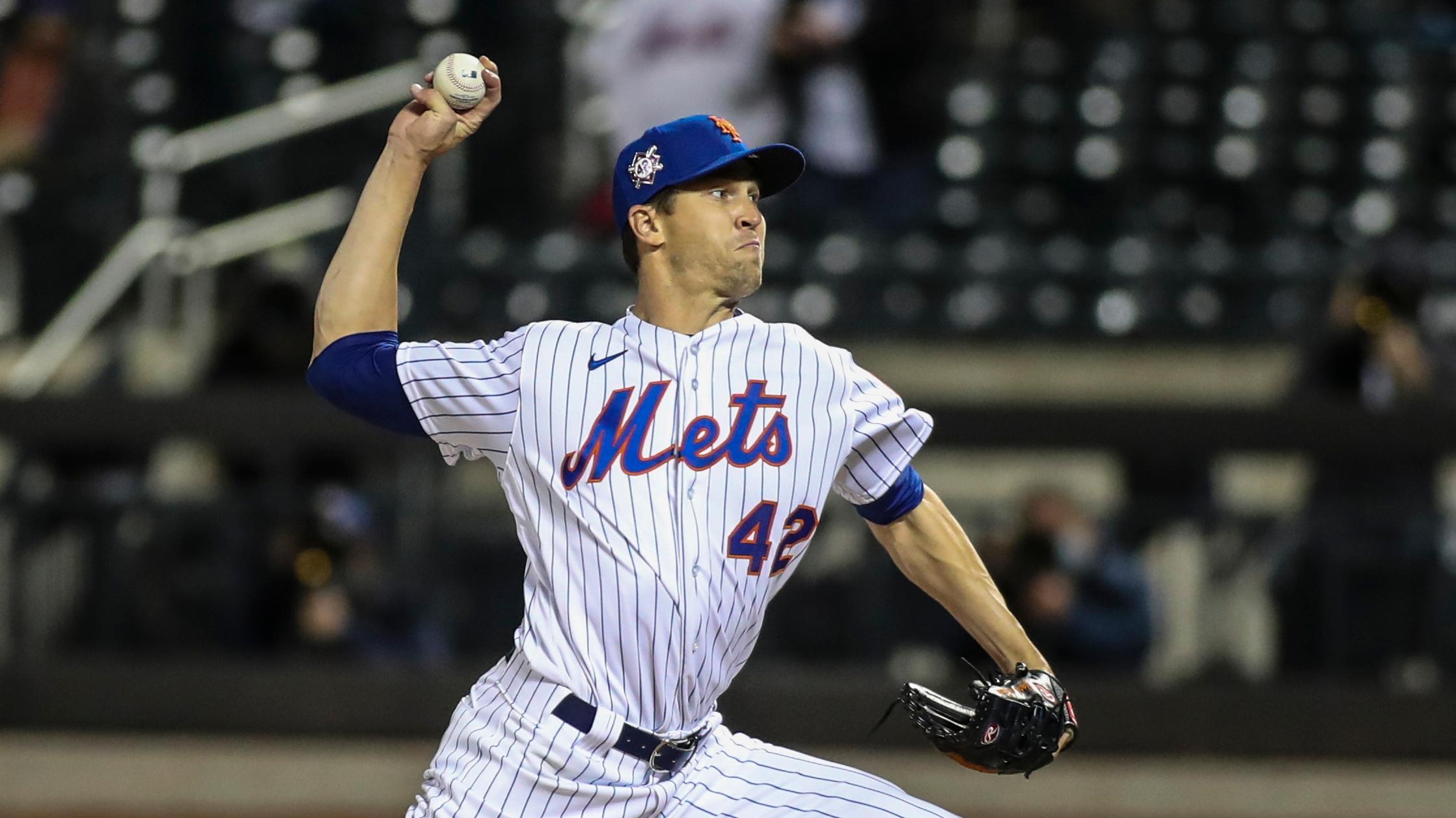 Apr 23, 2021; New York City, New York, USA; New York Mets pitcher Jacob deGrom pitches in the seventh inning against the Washington Nationals at Citi Field. / Wendell Cruz-USA TODAY Sports