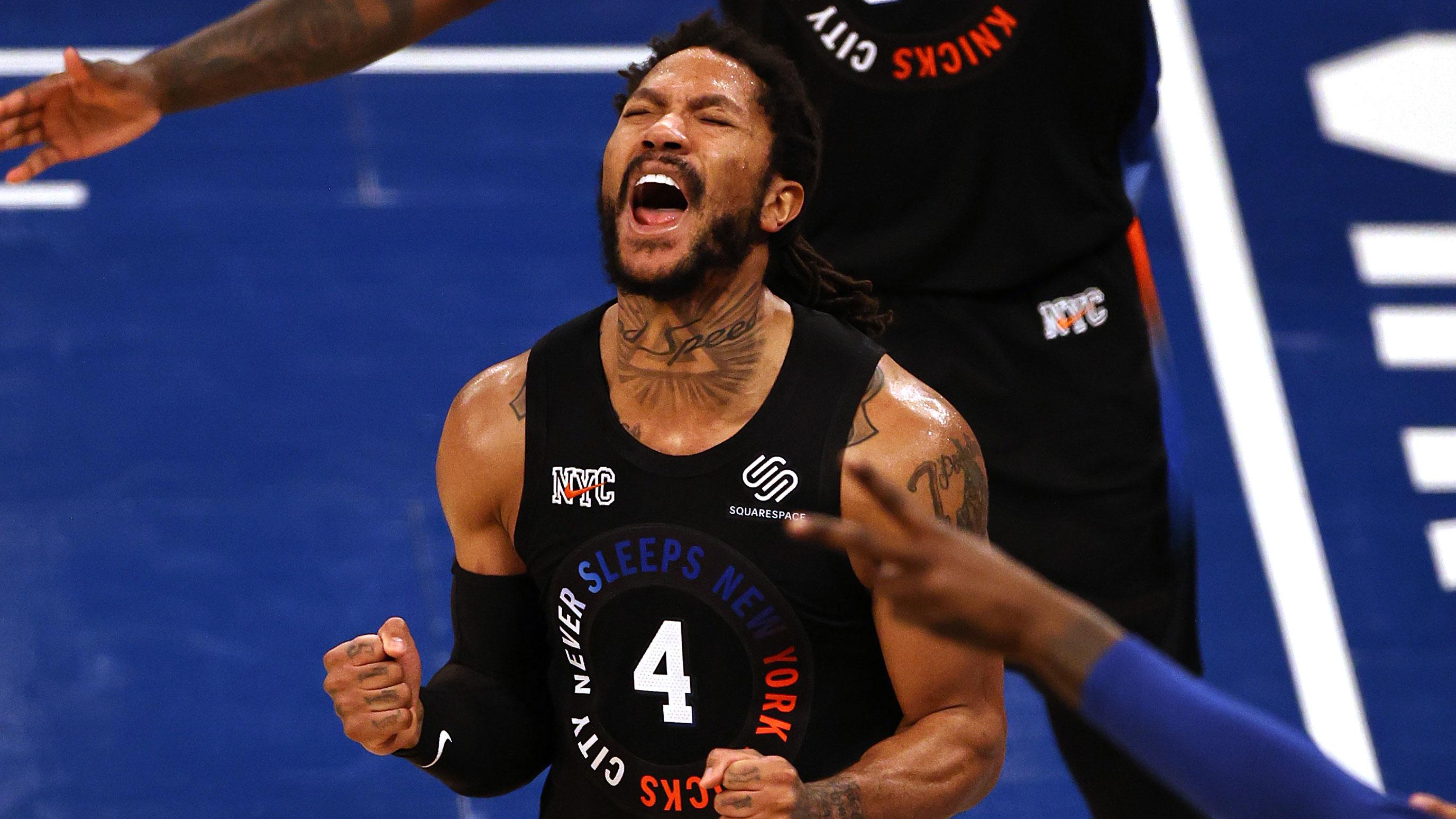 May 26, 2021; New York, New York, USA; New York Knicks guard Derrick Rose (4) reacts against the Atlanta Hawks during the second half of game two of the Eastern Conference quarterfinal at Madison Square Garden. Mandatory Credit: Elsa/POOL PHOTOS-USA TODAY Sports / Elsa/POOL PHOTOS-USA TODAY Sports