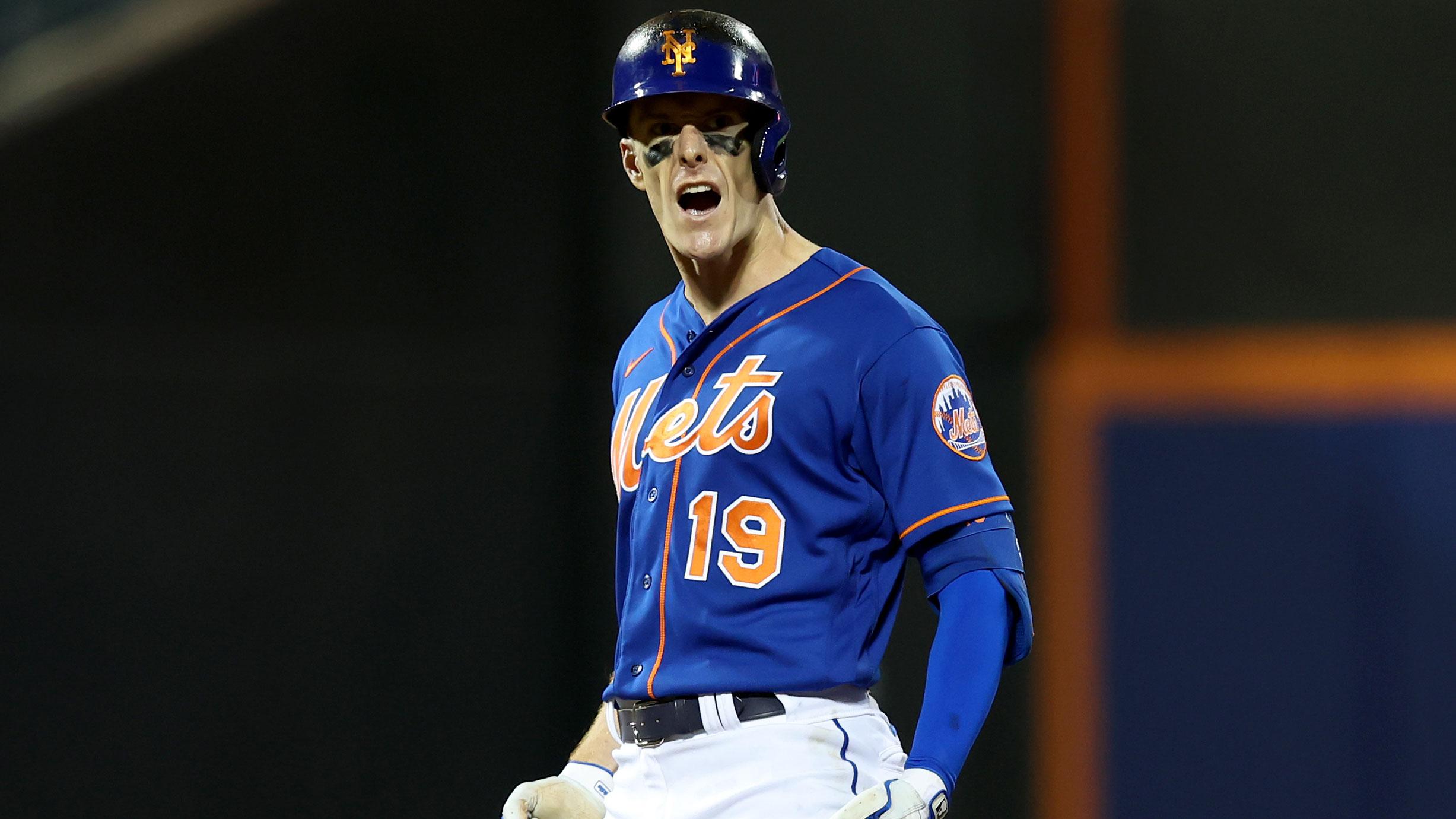 May 31, 2022; New York City, New York, USA; New York Mets center fielder Mark Canha (19) reacts after hitting a two run double against the Washington Nationals during the fifth inning at Citi Field. / Brad Penner-USA TODAY Sports