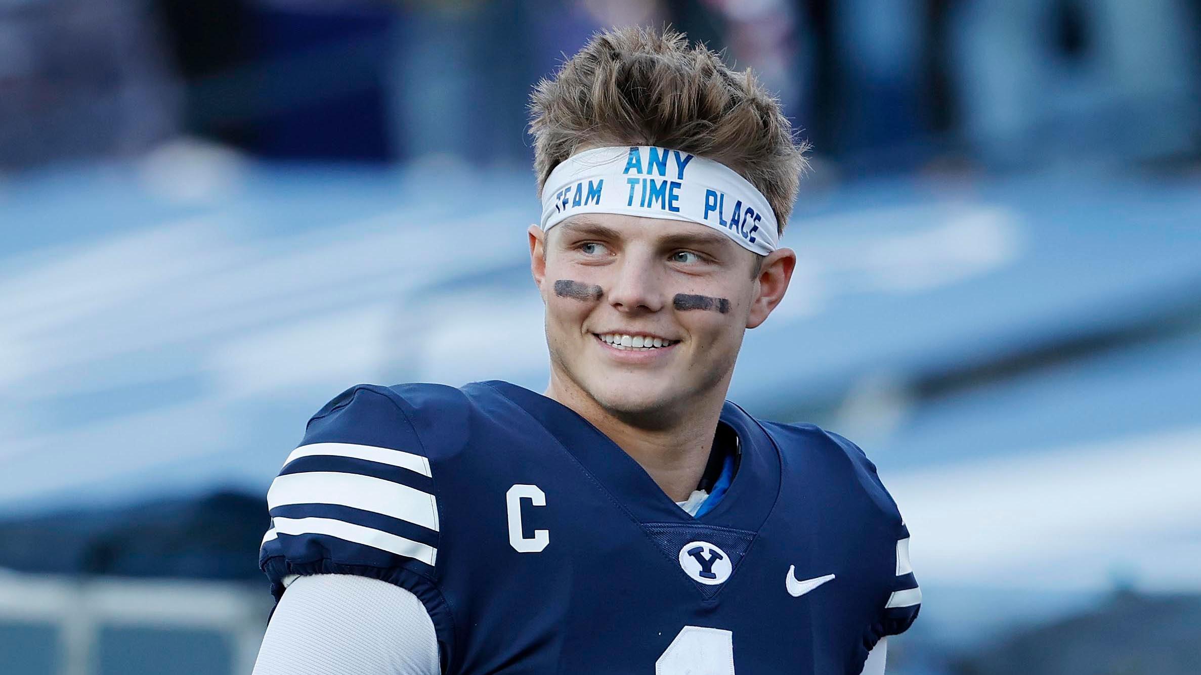 Nov 21, 2020; Provo, UT, USA; BYU quarterback Zach Wilson (1) reacts after their win against North Alabama in an NCAA college football game Saturday, Nov. 21, 2020, in Provo, Utah. / Jeff Swinger/Pool Photo-USA TODAY NETWORK