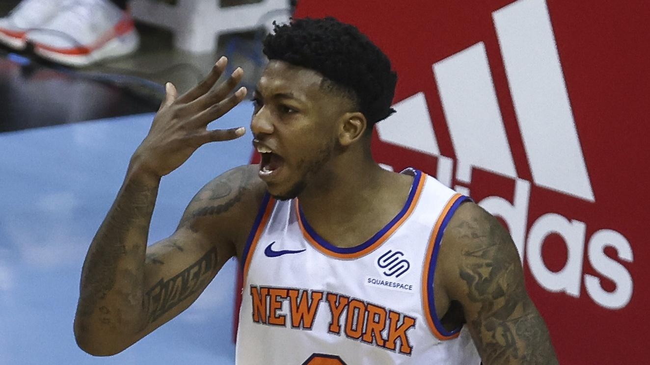 May 2, 2021; Houston, Texas, USA; New York Knicks guard Elfrid Payton (6) reacts after a play during the first quarter against the Houston Rockets at Toyota Center. Mandatory Credit: Troy Taormina-USA TODAY Sports / © Troy Taormina-USA TODAY Sports