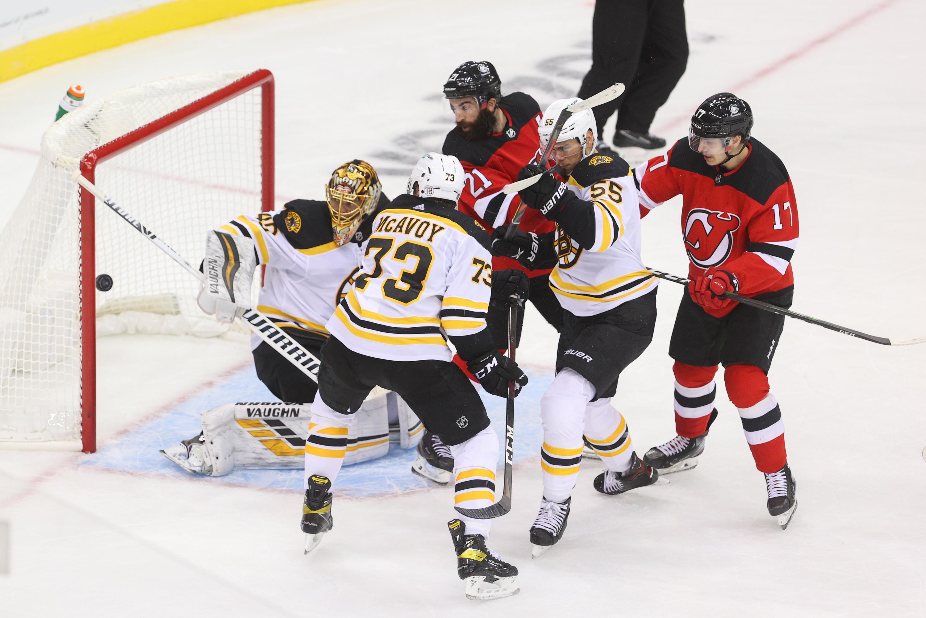 Jan 14, 2021; Newark, New Jersey, USA; New Jersey Devils defenseman Ty Smith (24) (not shown) scores his first NHL goal during the third period of their game against the Boston Bruins at Prudential Center. / © Ed Mulholland-USA TODAY Sports