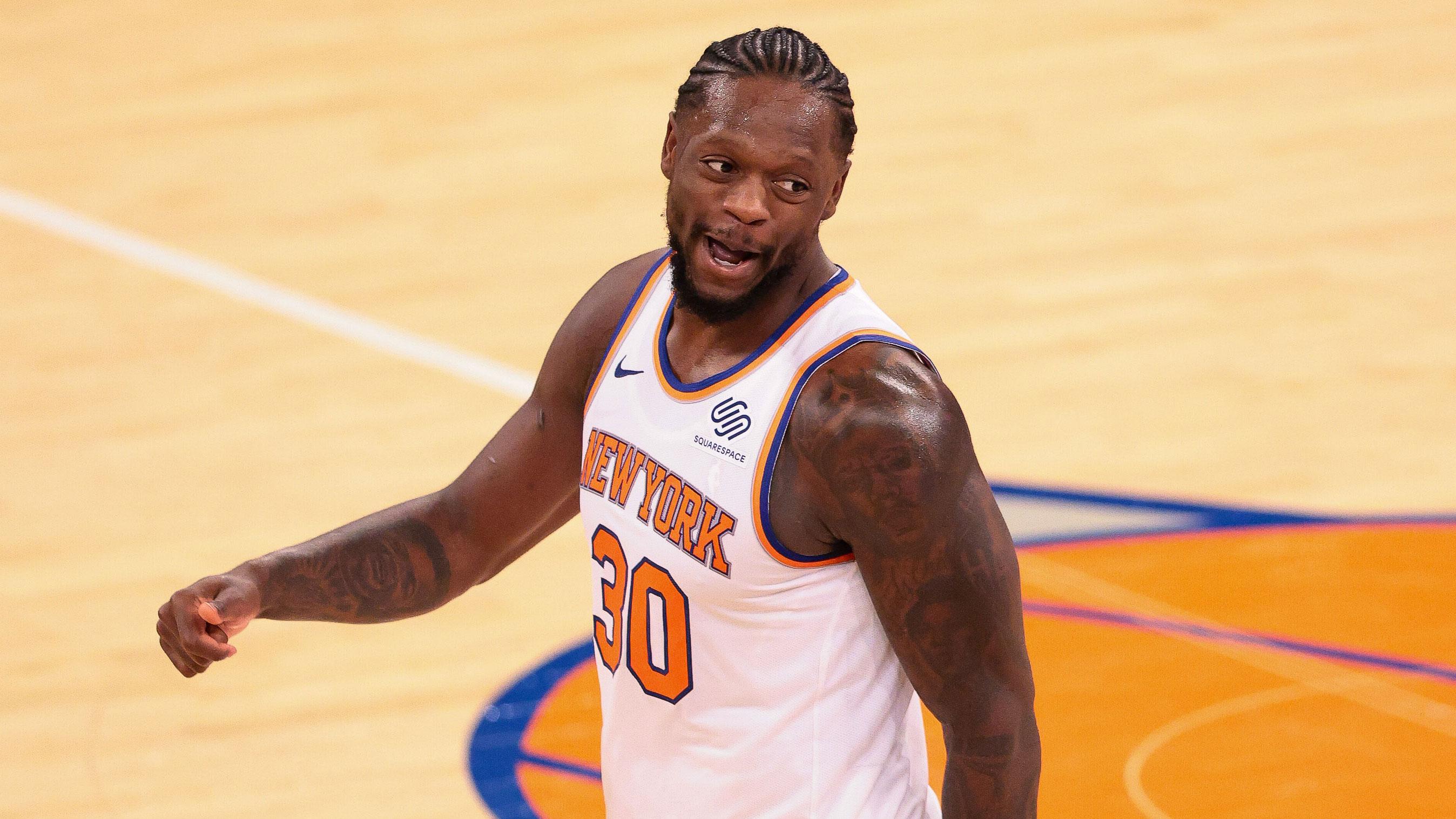 Mar 23, 2021; New York, New York, USA; New York Knicks forward Julius Randle (30) reacts during the second half against the Washington Wizards at Madison Square Garden. / Vincent Carchietta-USA TODAY Sports
